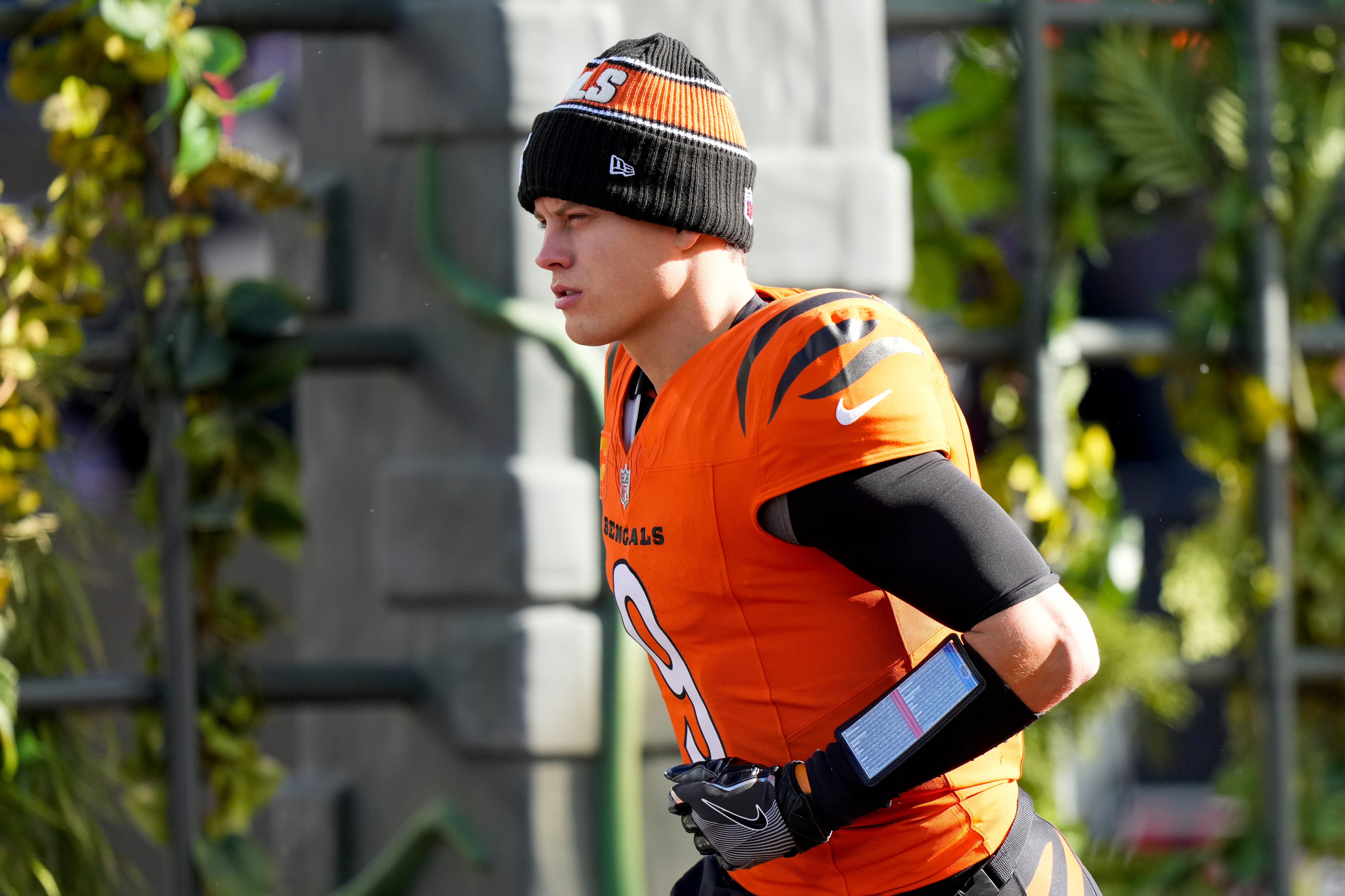 Cincinnati Bengals quarterback Joe Burrow (9) takes the field before the first quarter of the NFL Week 13 game between the Cincinnati Bengals and the Pittsburgh Steelers at Paycor Stadium in downtown Cincinnati on Sunday, Dec. 1, 2024.  