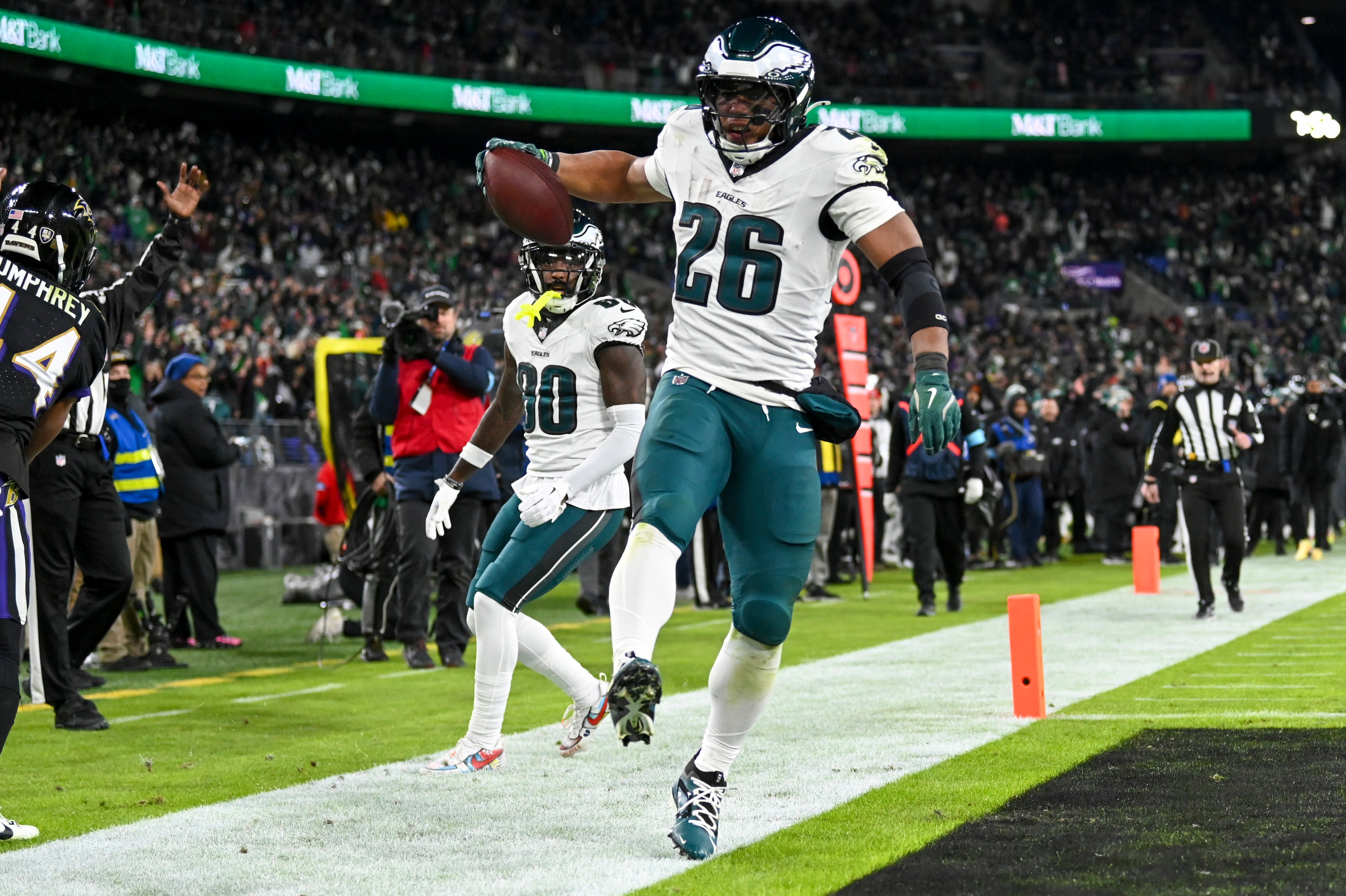 Philadelphia Eagles running back Saquon Barkley (26) celebrates scoring a touchdown during the second half against the Baltimore Ravens at M&T Bank Stadium.