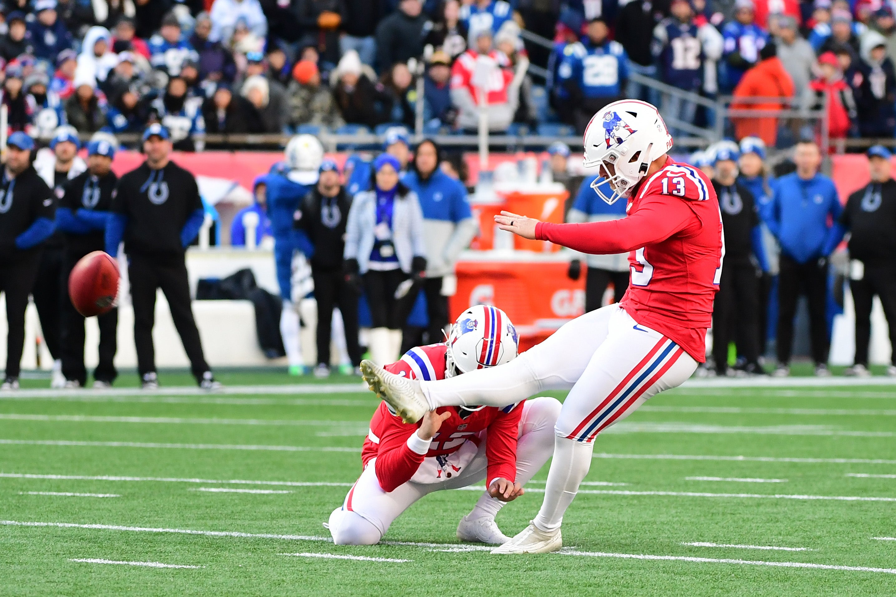 Dec 1, 2024; Foxborough, Massachusetts, USA; New England Patriots place kicker Joey Slye (13) misses a field goal during the first half against the Indianapolis Colts at Gillette Stadium.