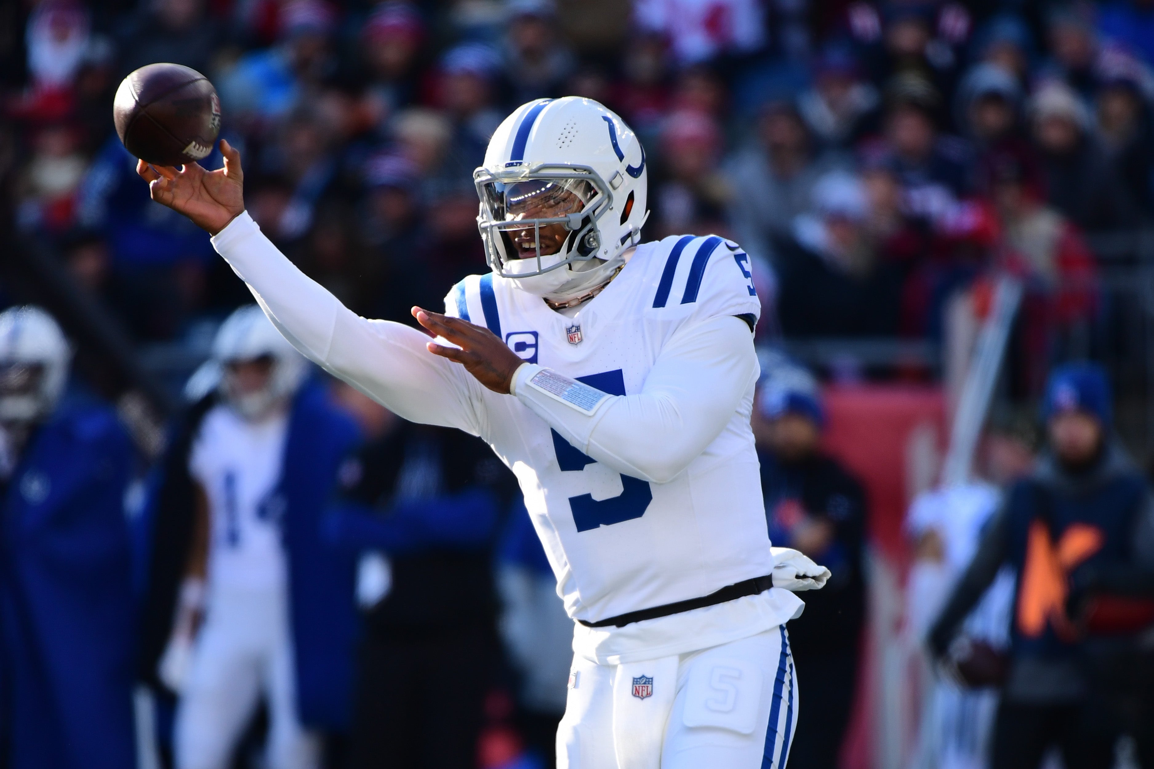 Dec 1, 2024; Foxborough, Massachusetts, USA; Indianapolis Colts quarterback Anthony Richardson (5) throws a pass during the first half against the New England Patriots at Gillette Stadium.