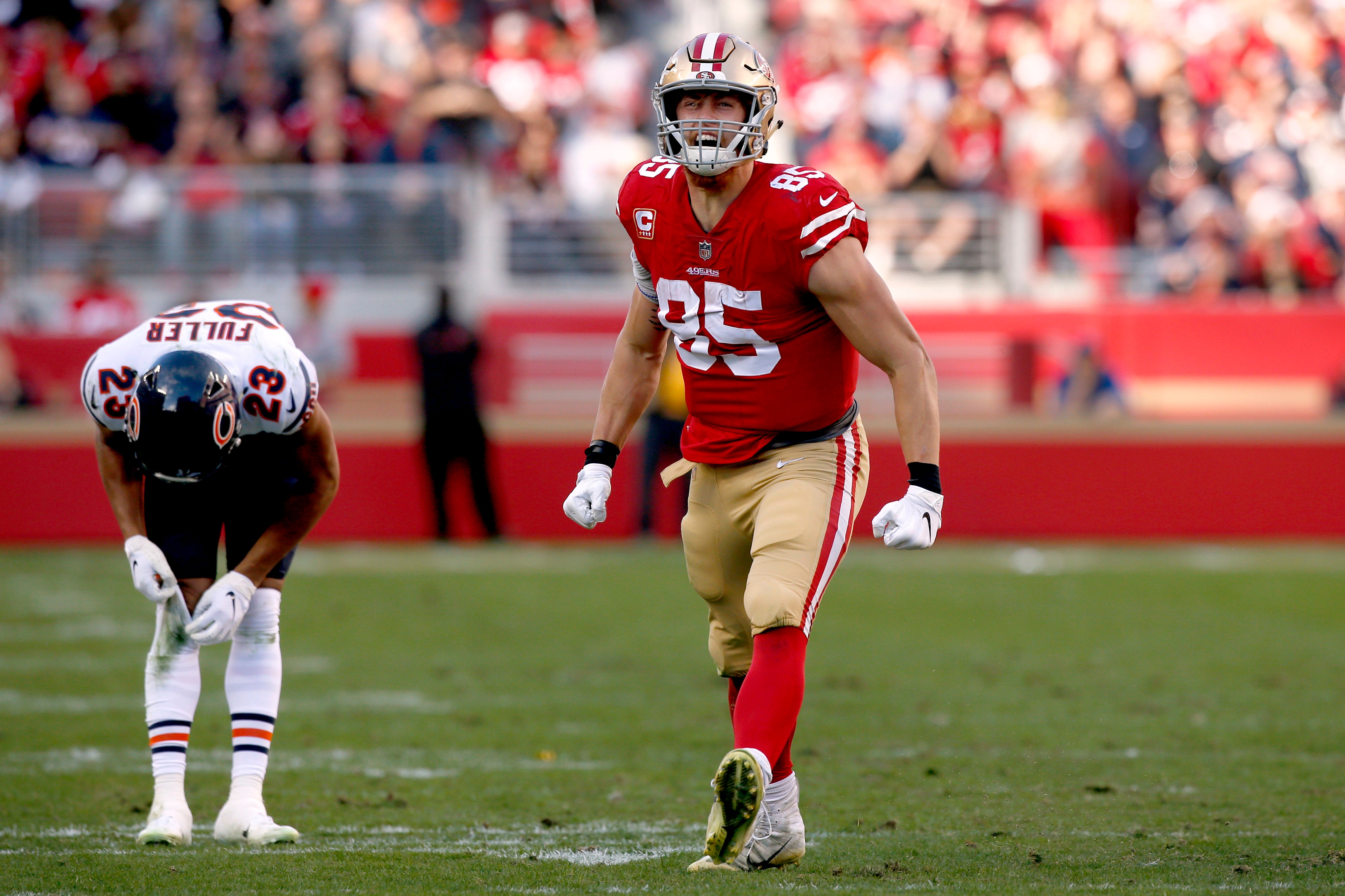 San Francisco 49ers tight end George Kittle (85) reacts after catching a pass for a first down against the Chicago Bears in the second quarter at Levi's Stadium.