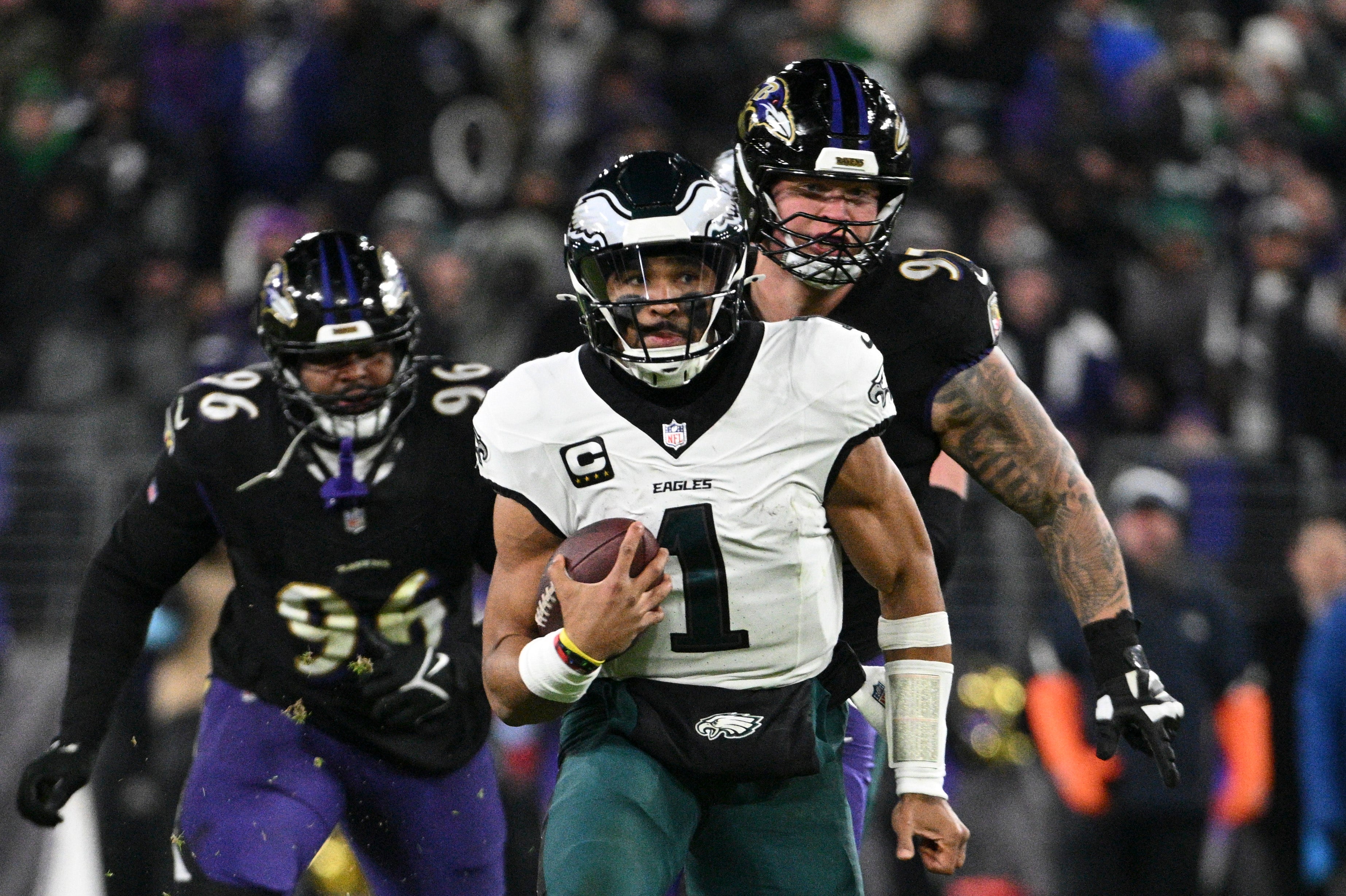 Philadelphia Eagles quarterback Jalen Hurts (1) rushes during the second half against the Baltimore Ravens at M&T Bank Stadium.