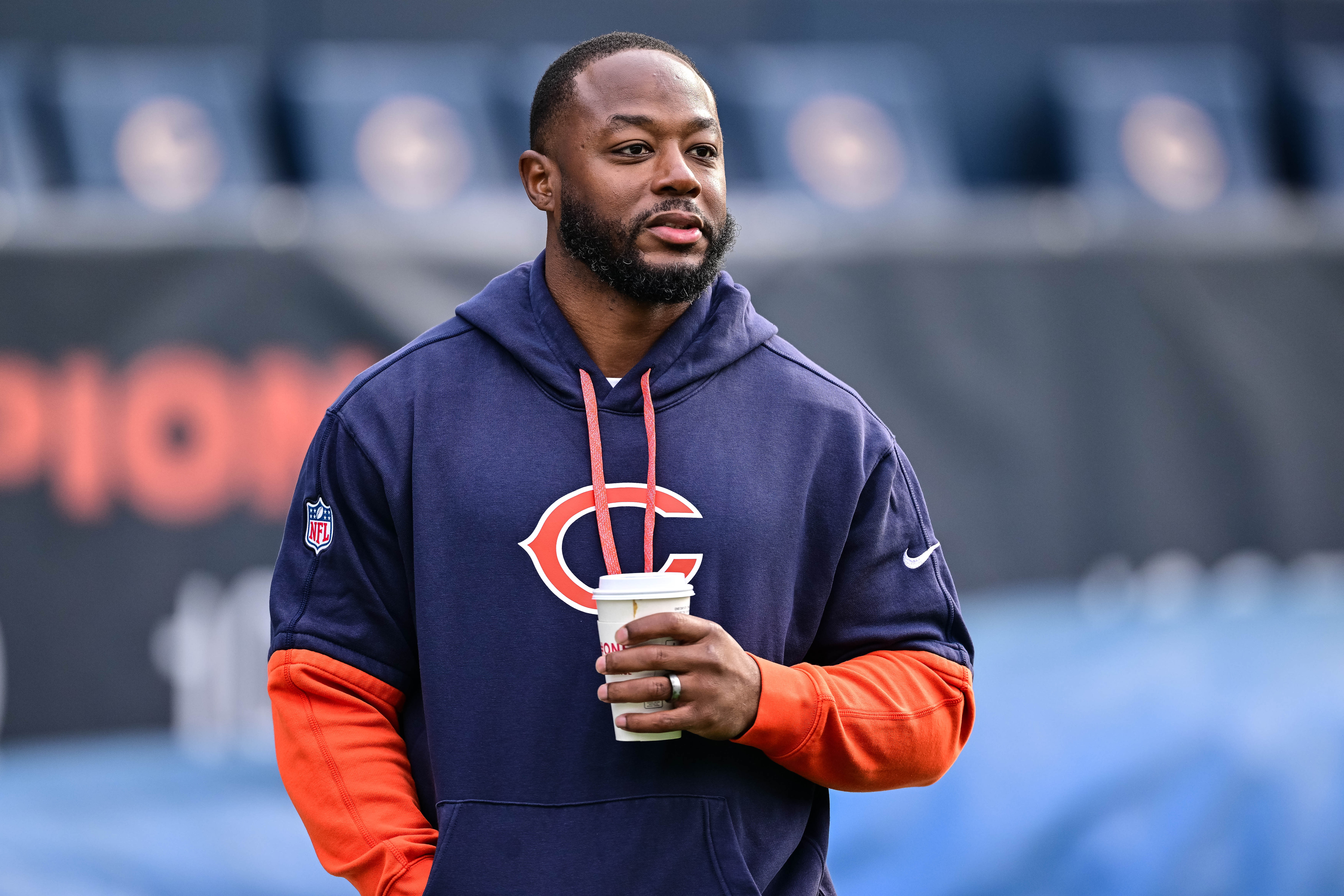 Nov 17, 2024; Chicago, Illinois, USA; Chicago Bears offensive coordinator Thomas Brown looks on before the game against the Green Bay Packers at Soldier Field.