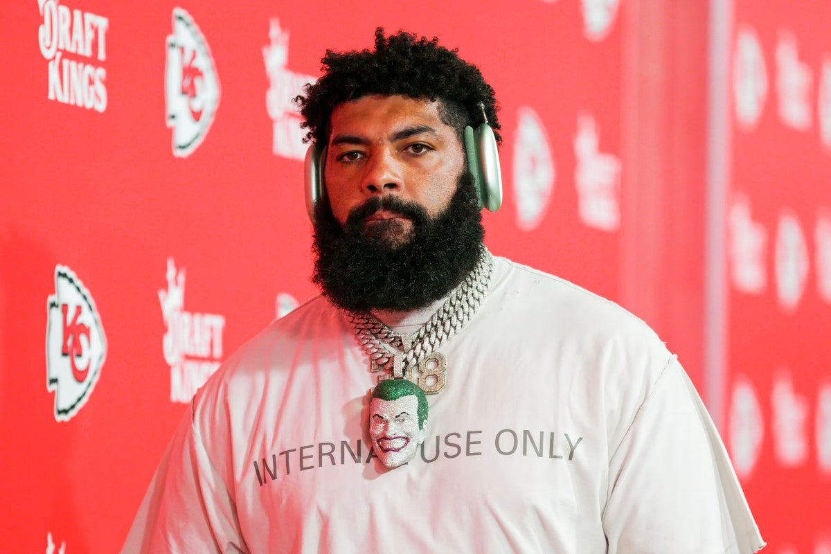 Sep 15, 2024; Kansas City, Missouri, USA; Cincinnati Bengals guard Cody Ford (61) arrives prior to a game against the Kansas City Chiefs at GEHA Field at Arrowhead Stadium.