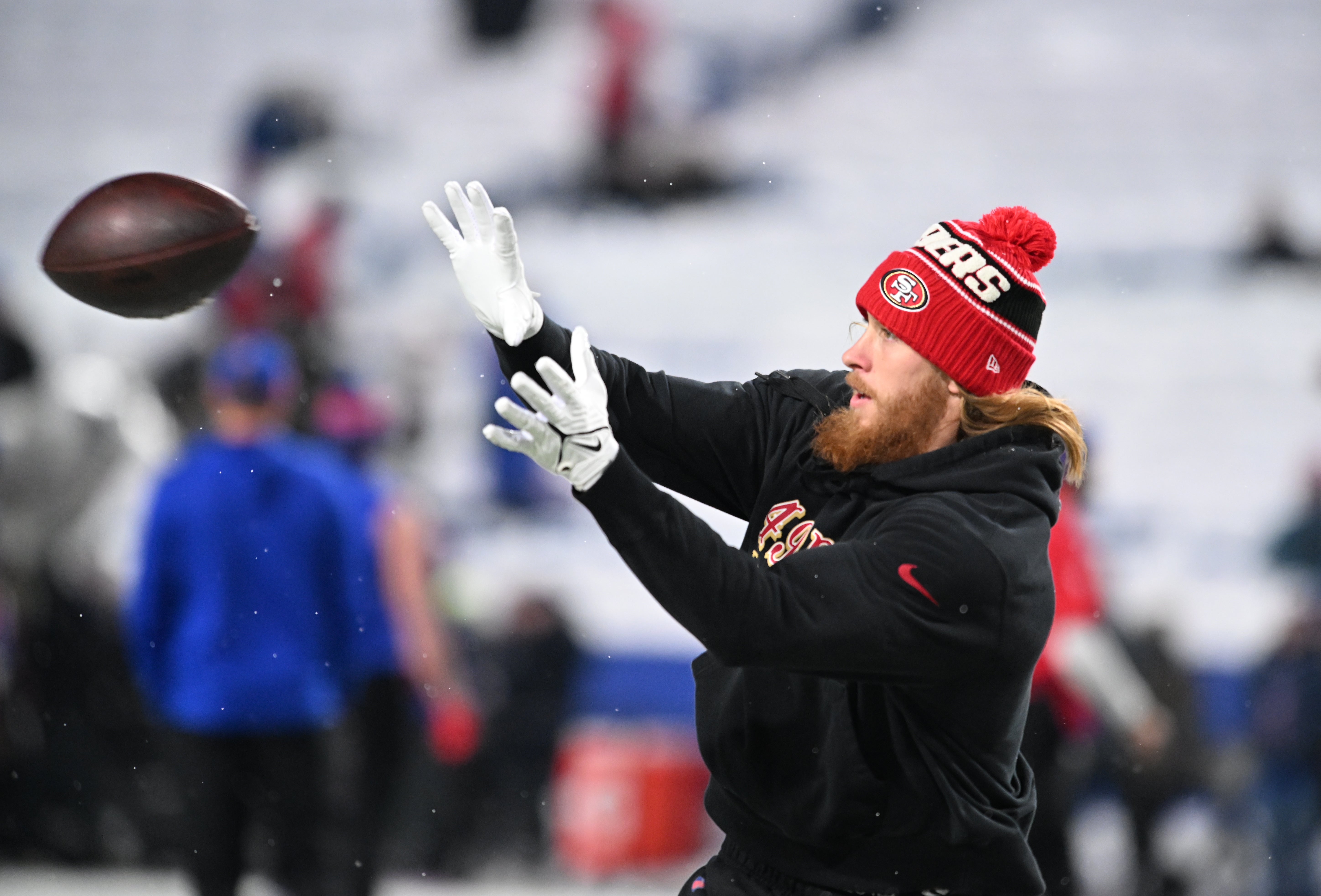 San Francisco 49ers tight end George Kittle (85) warms up before a game against the Buffalo Bills at Highmark Stadium.