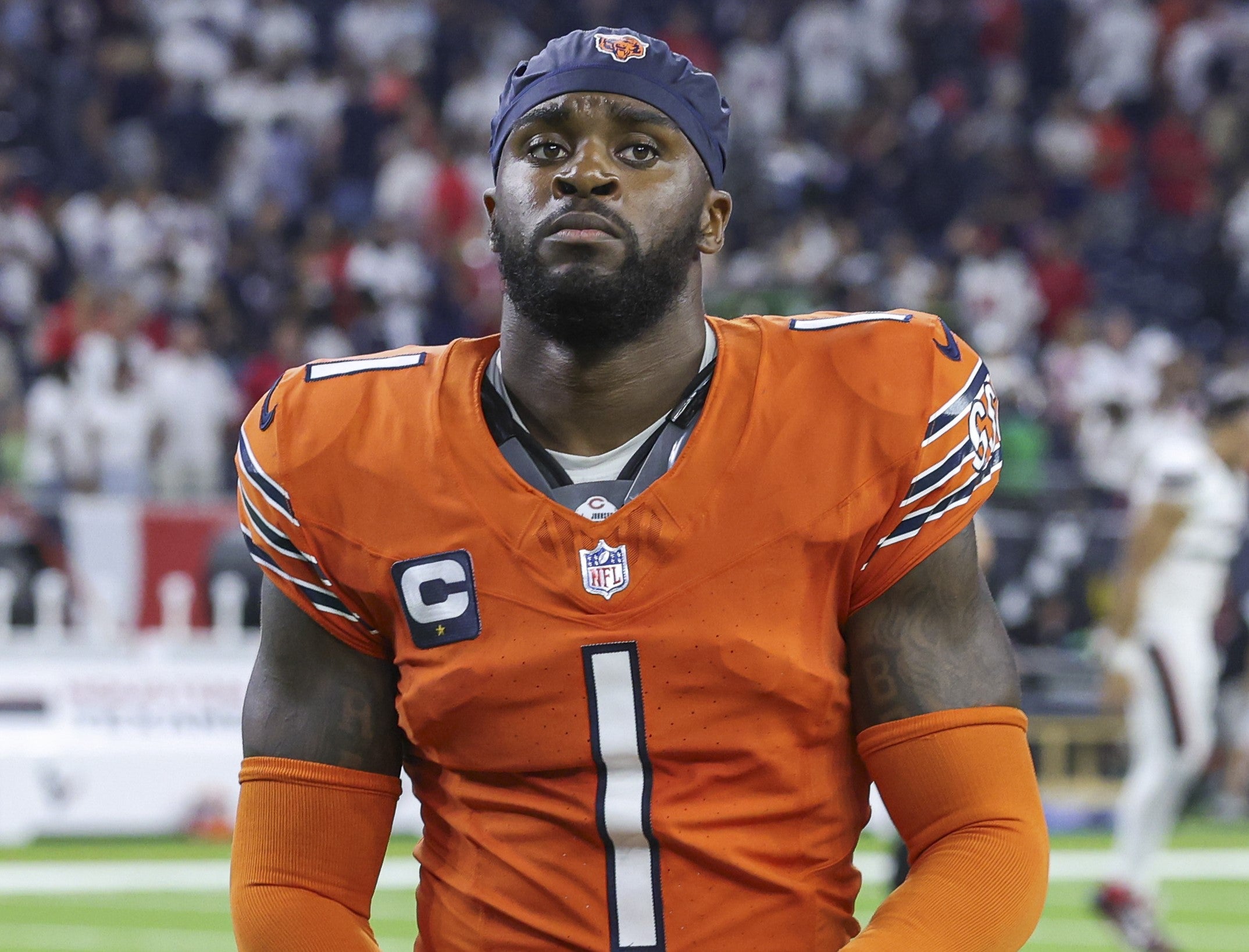 Sep 15, 2024; Houston, Texas, USA; Chicago Bears cornerback Jaylon Johnson (1) after the game against the Houston Texans at NRG Stadium.