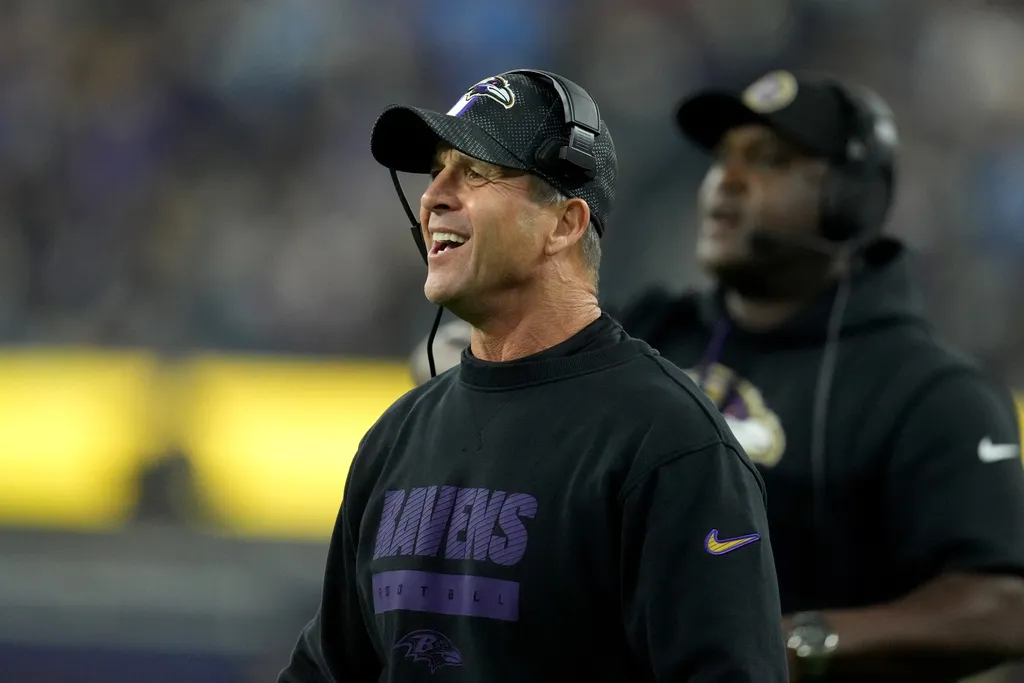 Baltimore Ravens coach John Harbaugh reacts against the Los Angeles Chargers in the second half at SoFi Stadium.