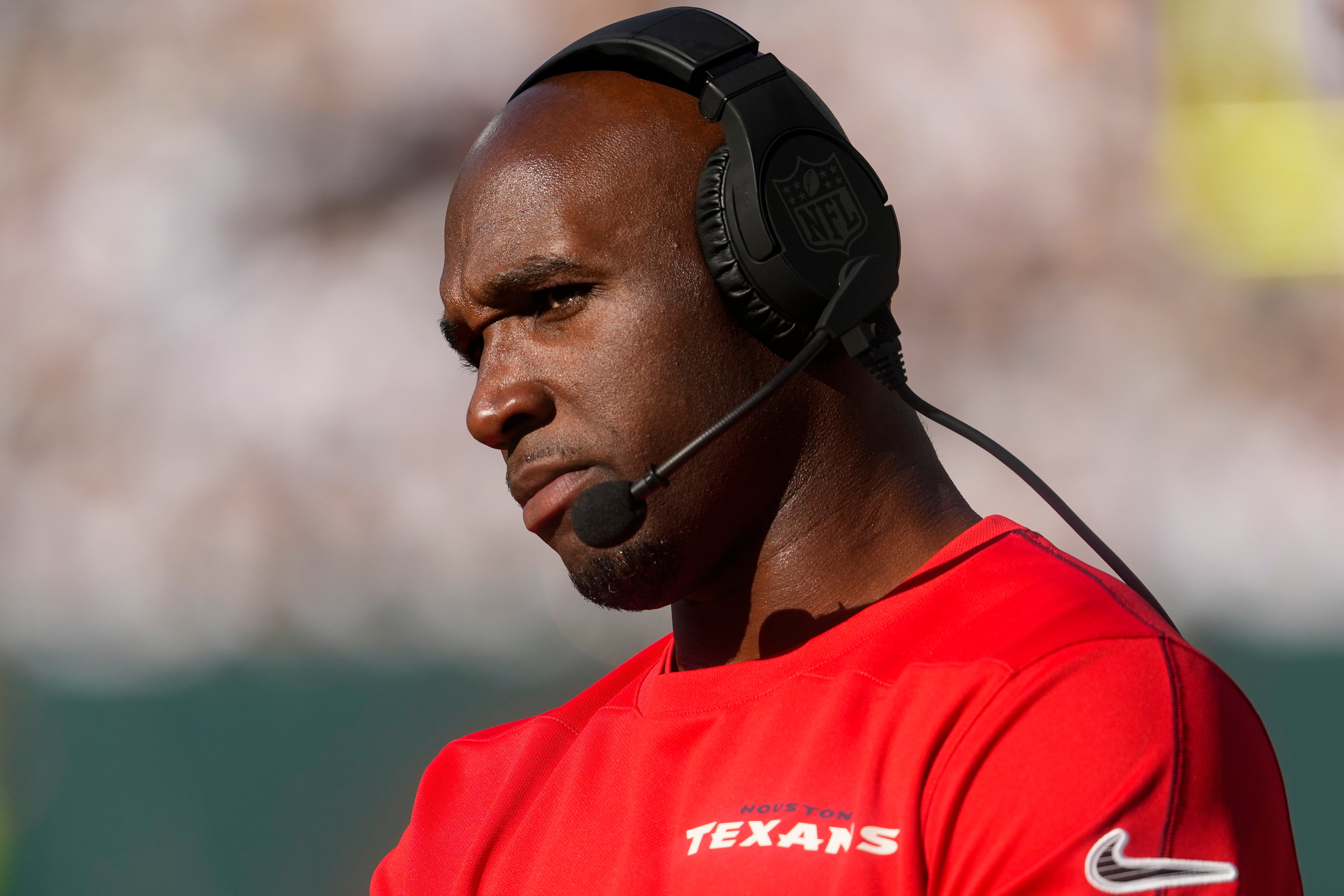 Oct 20, 2024; Green Bay, Wisconsin, USA; Houston Texans head coach DeMeco Ryans looks on during the third quarter against the Green Bay Packers at Lambeau Field.