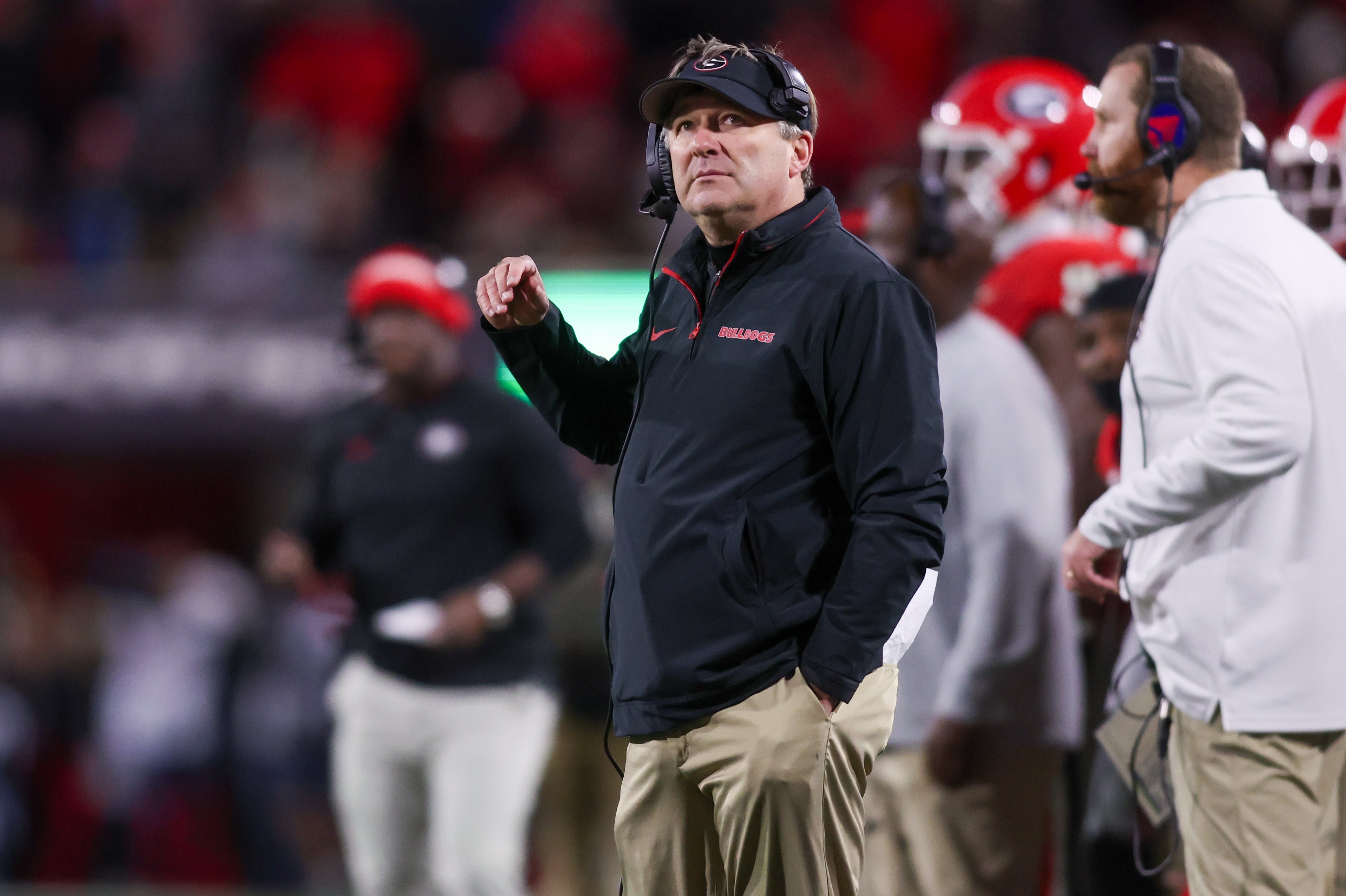Georgia Bulldogs head coach Kirby Smart on the sideline against the Georgia Tech Yellow Jackets in the third quarter at Sanford Stadium.