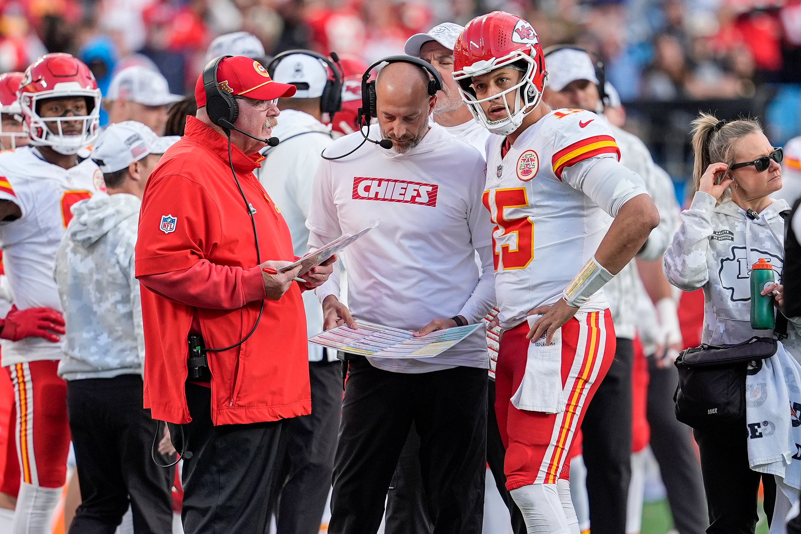 Nov 24, 2024; Charlotte, North Carolina, USA; Kansas City Chiefs head coach Andy Reid talks with quarterback Patrick Mahomes (15) during a time out during the second half against the Carolina Panthers at Bank of America Stadium.