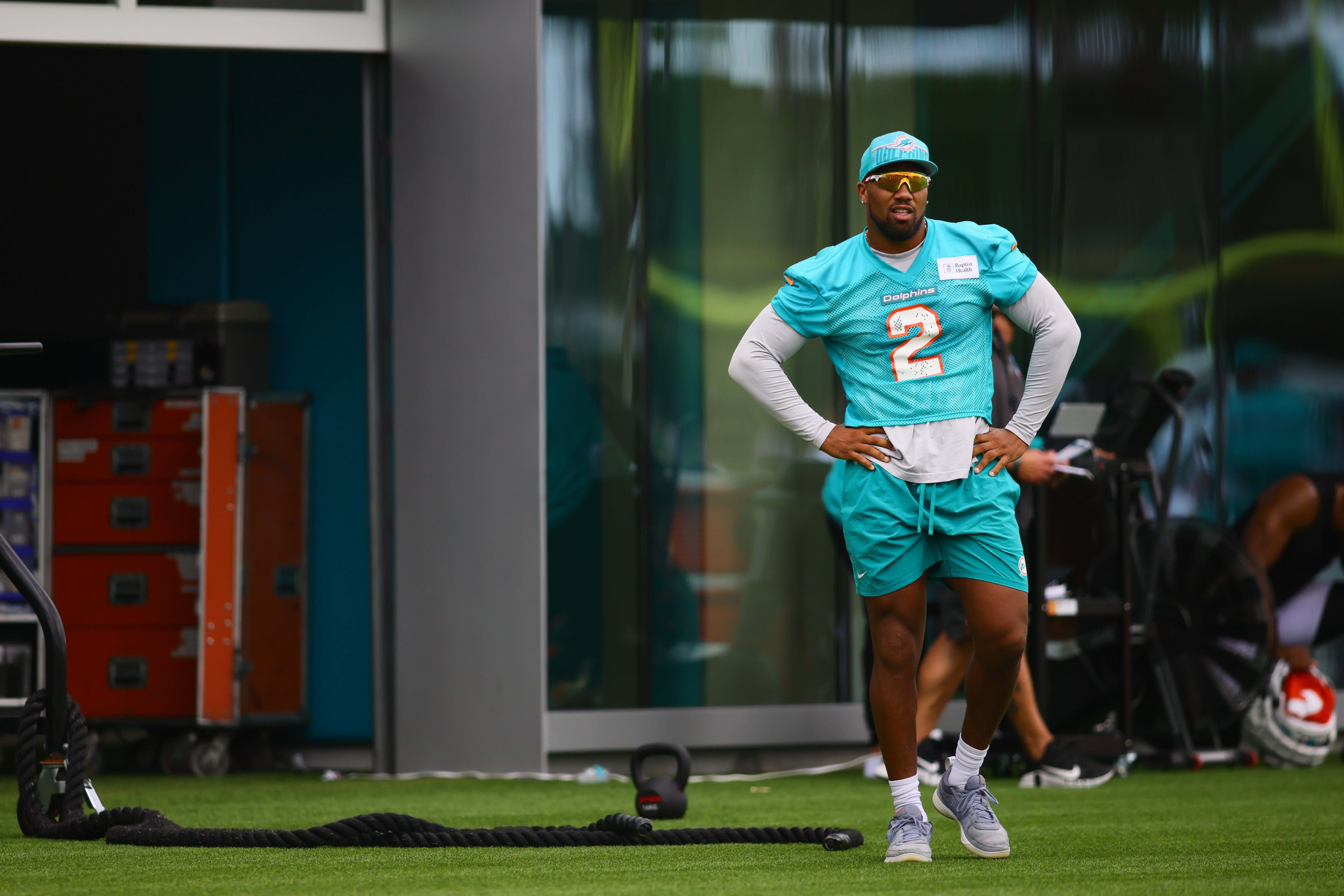Jul 24, 2024; Miami Gardens, FL, USA; Miami Dolphins linebacker Bradley Chubb (2) looks during training camp at Baptist Health Training Complex.