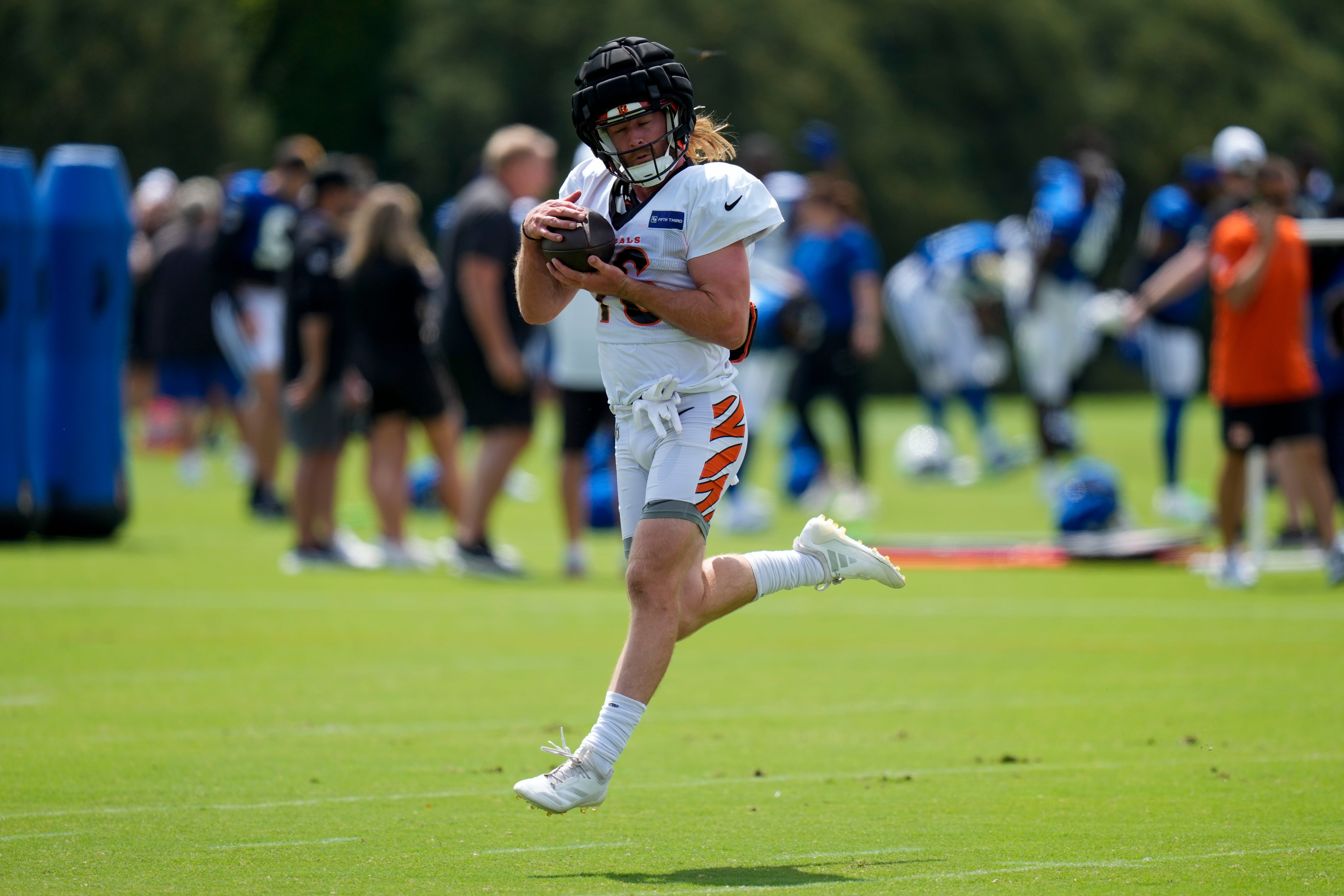 Cincinnati Bengals wide receiver Trenton Irwin (16) catches a pass during a preseason joint practice at the Paycor Stadium practice facility in downtown Cincinnati on Tuesday, Aug. 20, 2024.