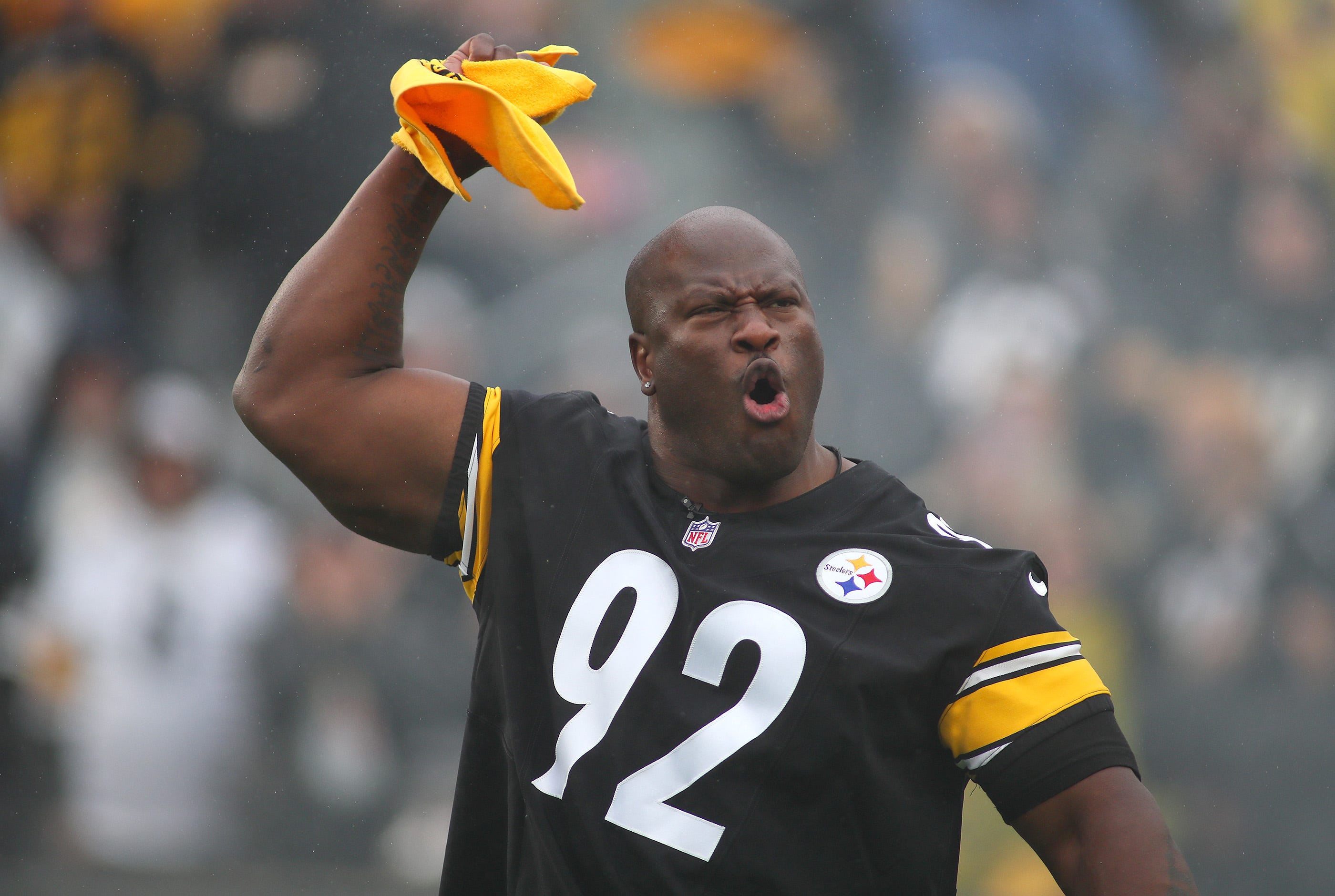 Former Pittsburgh Steeler James Harrison pumps up the crowd prior to the start of the Pittsburgh Steelers vs Jacksonville Jaguars game at Acrisure Stadium in Pittsburgh, PA on October 29, 2023.