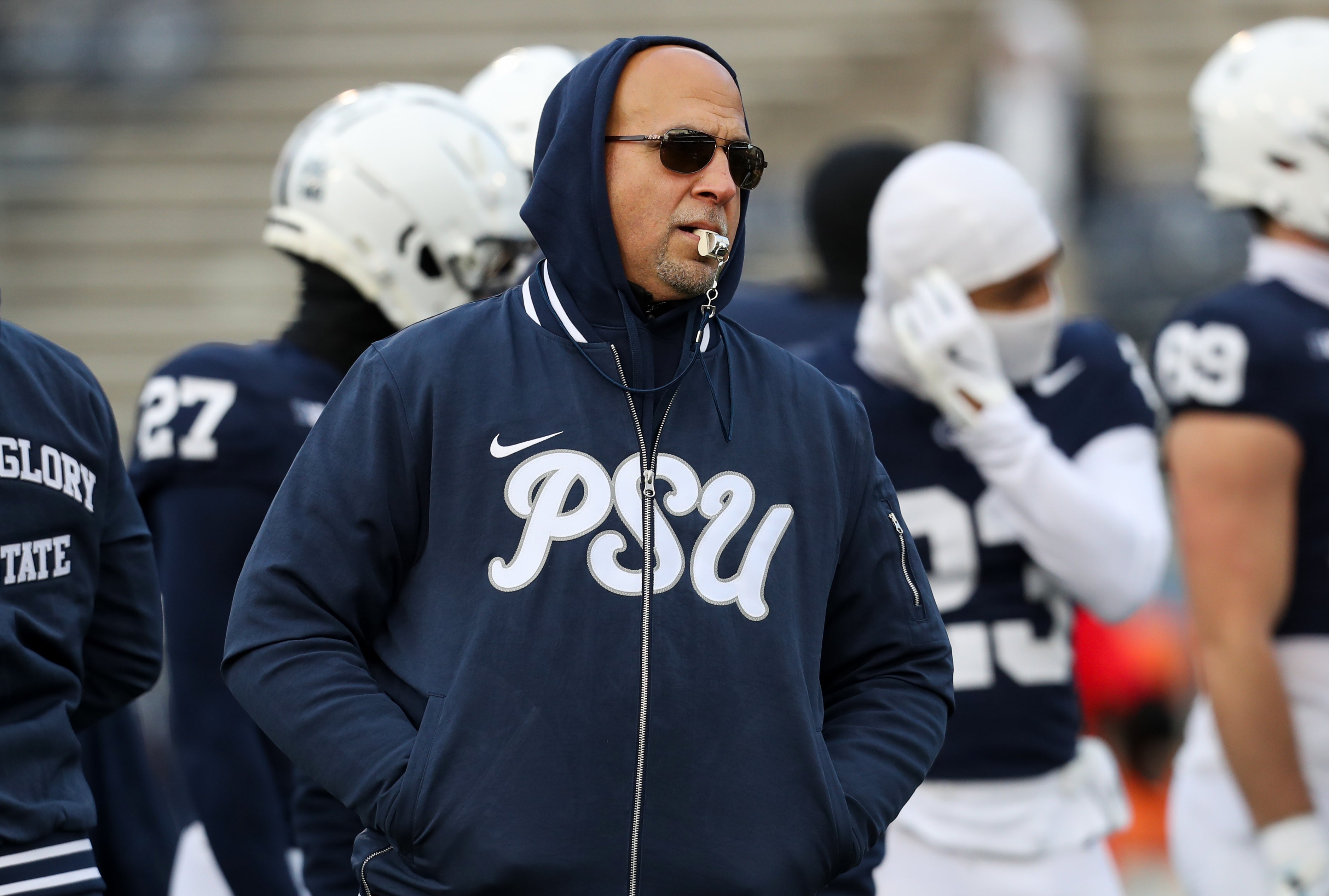 Penn State Nittany Lions head coach James Franklin walks on the field during warm ups before a game against the Maryland Terrapins at Beaver Stadium.
