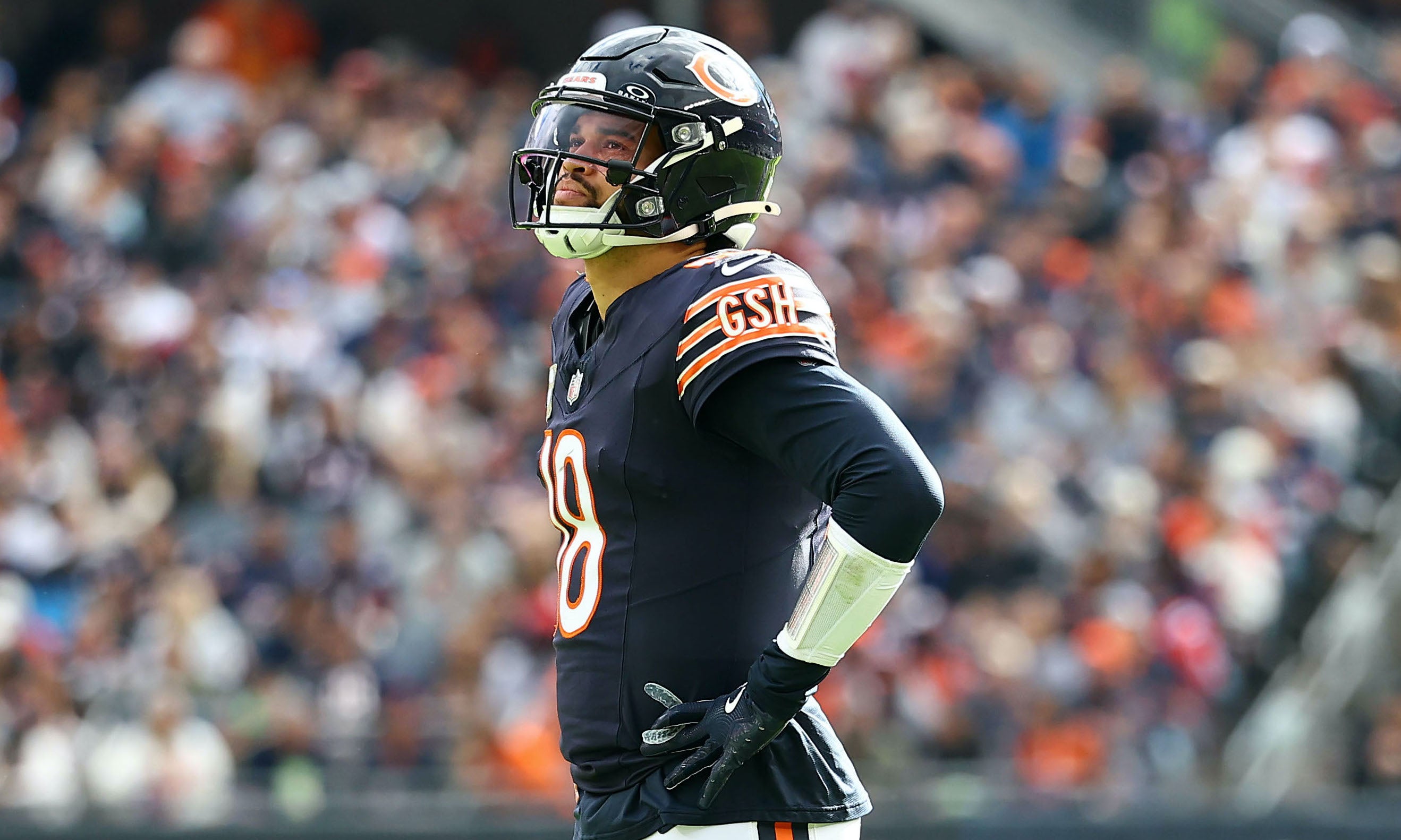 Nov 10, 2024; Chicago, Illinois, USA; Chicago Bears quarterback Caleb Williams (18) reacts against the New England Patriots during the first quarter at Soldier Field.