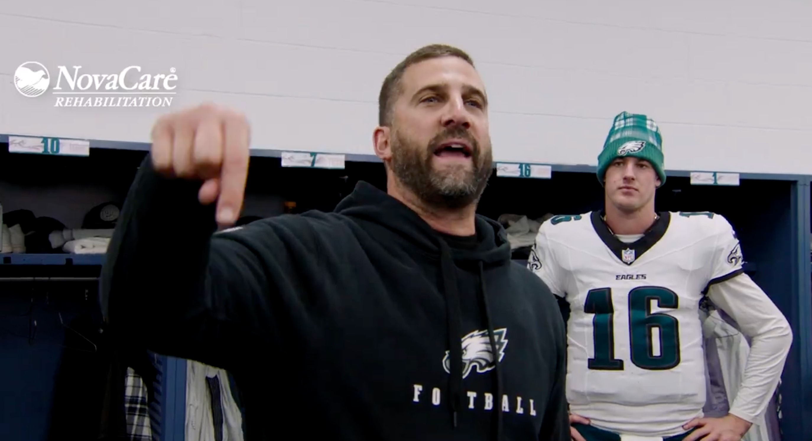 Philadelphia Eagles head coach Nick Sirianni speaks to his players following Week 13 win over Baltimore Ravens.
