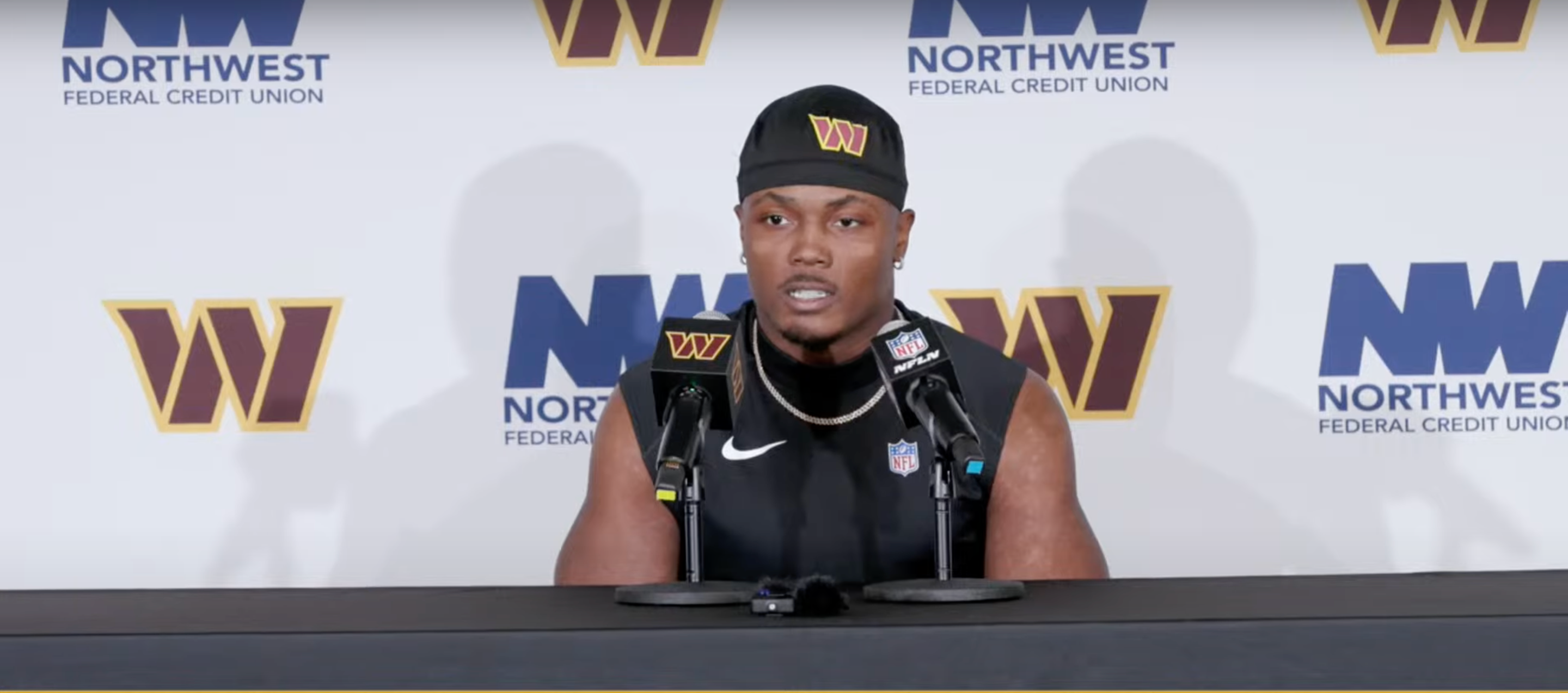 Terry McLaurin talks to reporters after the Commanders' Week 13 win over the Titans.