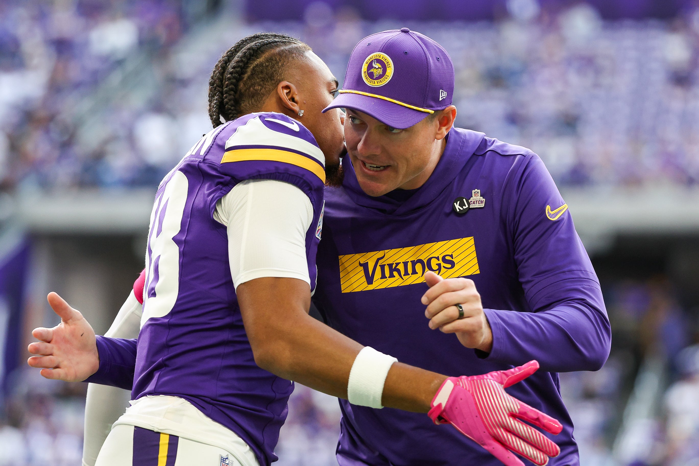 Oct 20, 2024; Minneapolis, Minnesota, USA; Minnesota Vikings wide receiver Justin Jefferson (18) hugs head coach Kevin O'Connell before the game against the Detroit Lions at U.S. Bank Stadium.