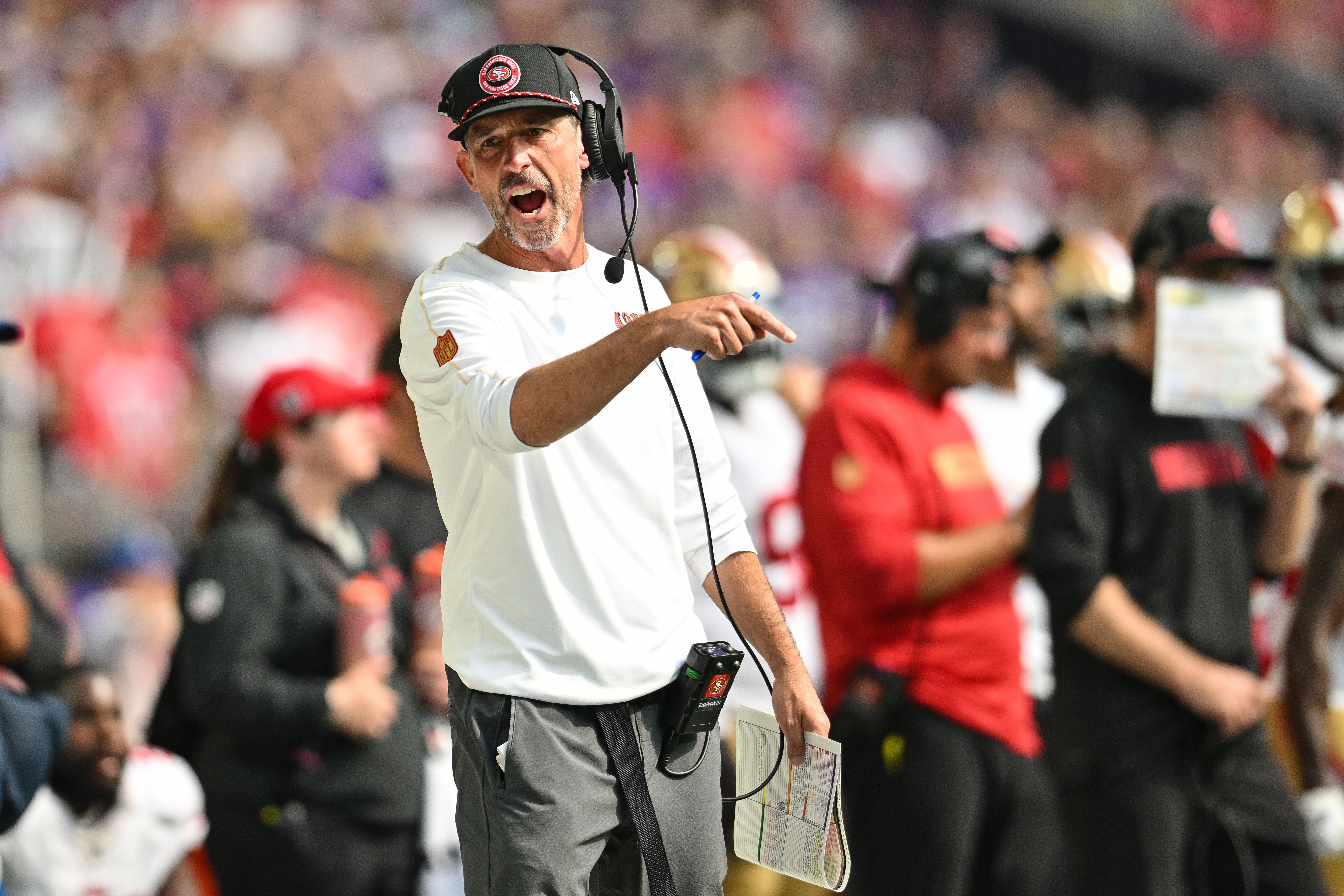 Sep 15, 2024; Minneapolis, Minnesota, USA; San Francisco 49ers head coach Kyle Shanahan reacts during the fourth quarter against the Minnesota Vikings U.S. Bank Stadium.