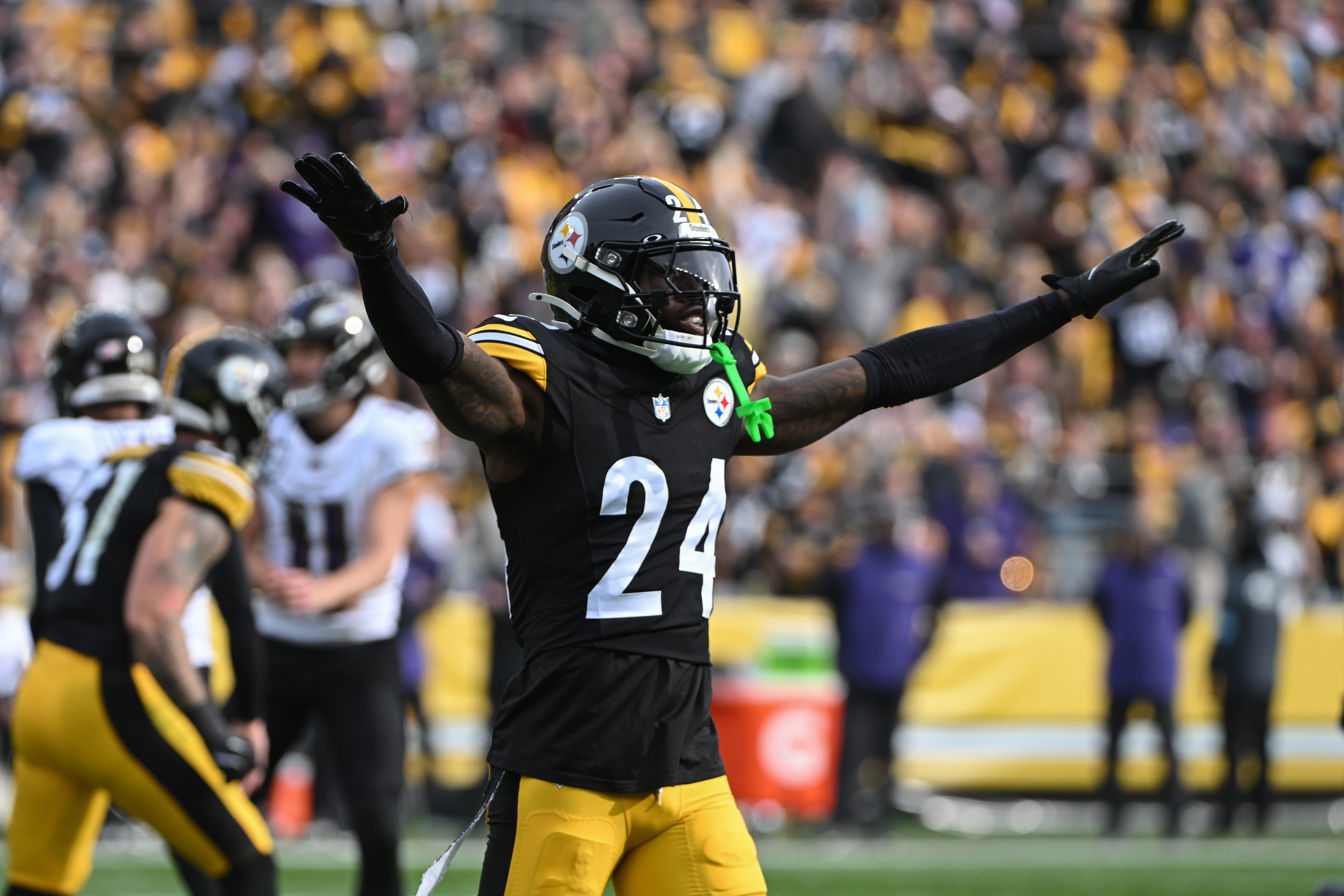 Nov 17, 2024; Pittsburgh, Pennsylvania, USA; Pittsburgh Steelers cornerback Joey Porter Jr. (24) celebrates a missed field goal against the Baltimore Ravens during the first quarter at Acrisure Stadium.