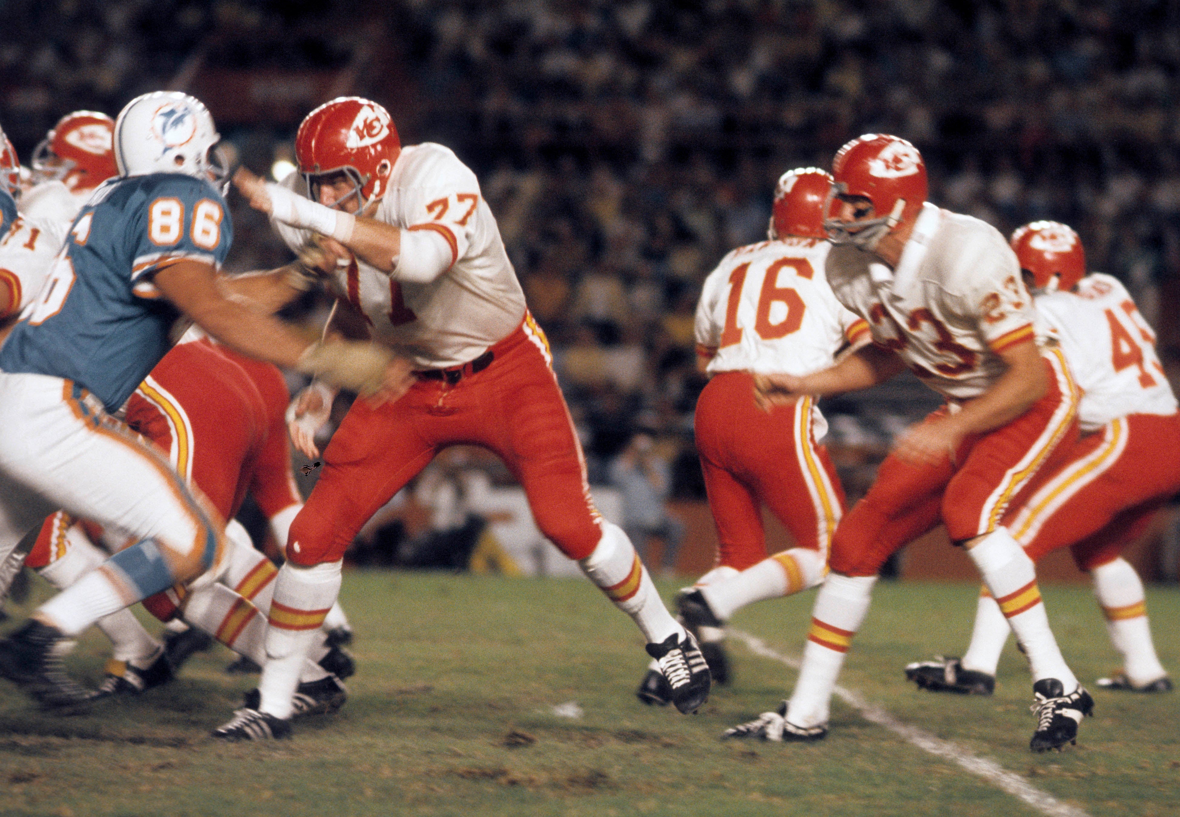 Sep 28, 1968; Miami, FL, USA; FILE PHOTO; Kansas City Chiefs tackle Jim Tyrer (77) and Miami Dolphins defensive end Mel Branch (86) in action at the Orange Bowl.