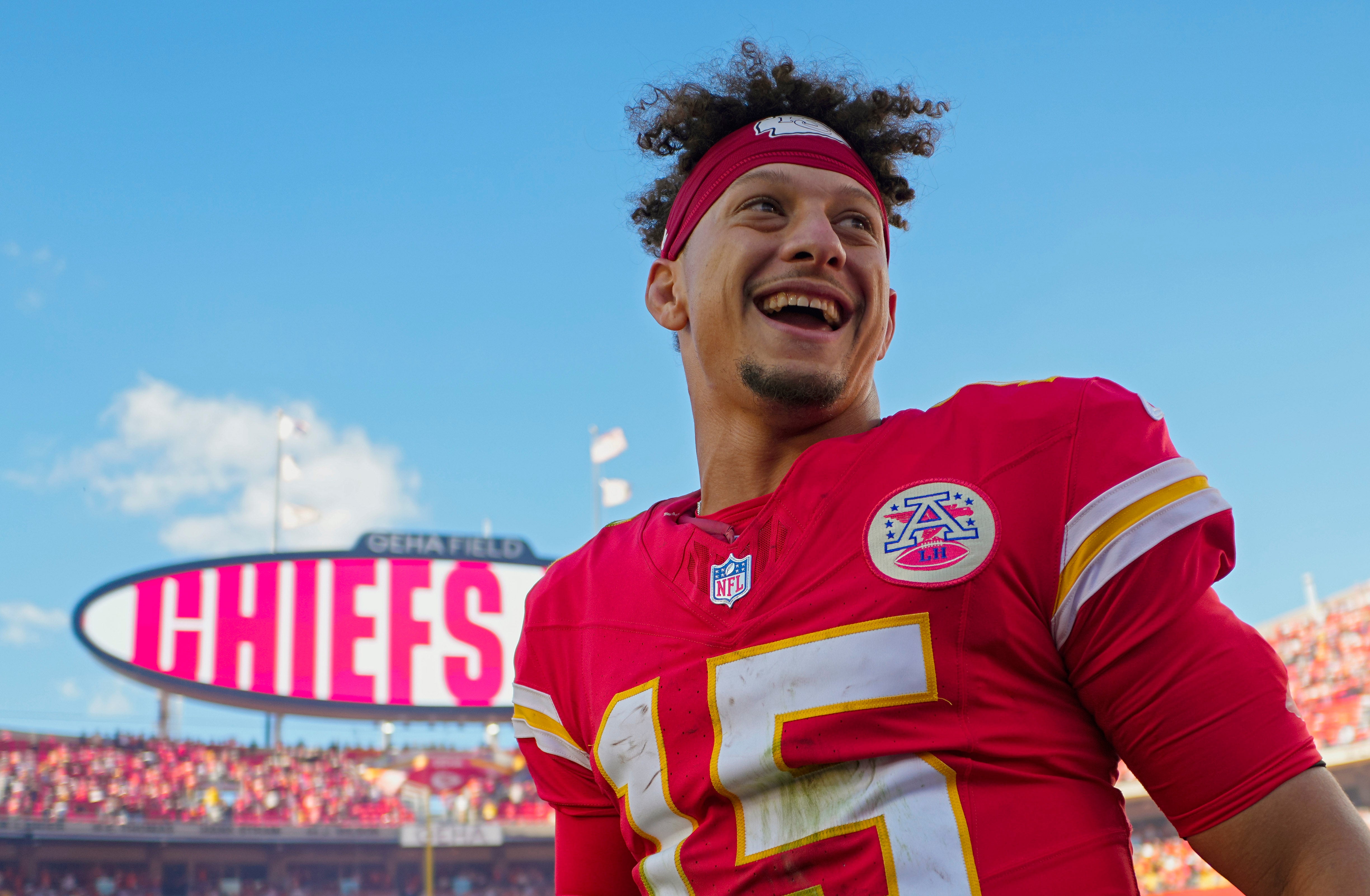 Nov 10, 2024; Kansas City, Missouri, USA; Kansas City Chiefs quarterback Patrick Mahomes (15) celebrates after defeating the Denver Broncos at GEHA Field at Arrowhead Stadium.