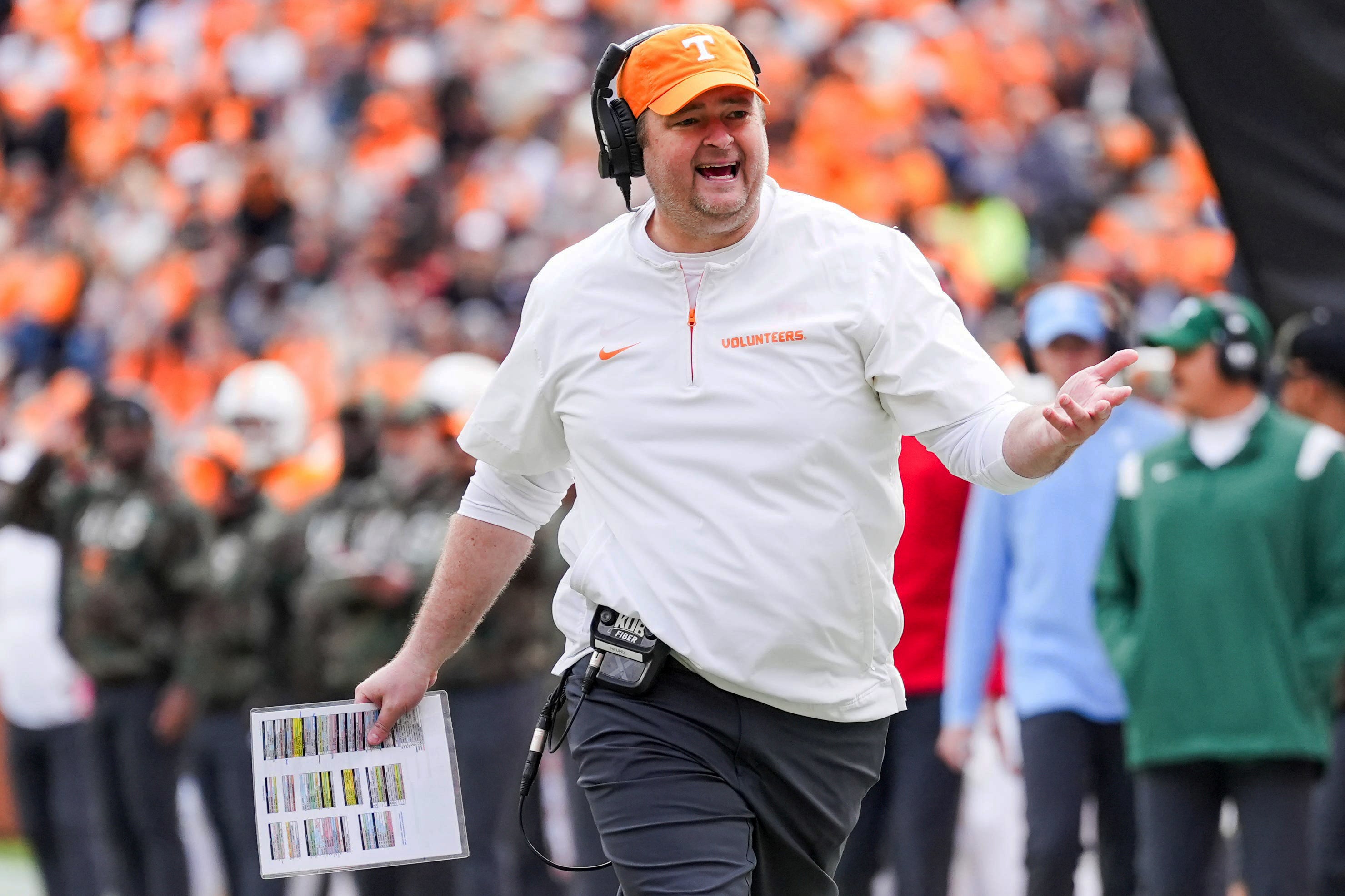 Nov 23, 2024; Knoxville, Tennessee, USA; Tennessee Volunteers head coach Josh Heupel reacts during the first half against the UTEP Miners at Neyland Stadium.