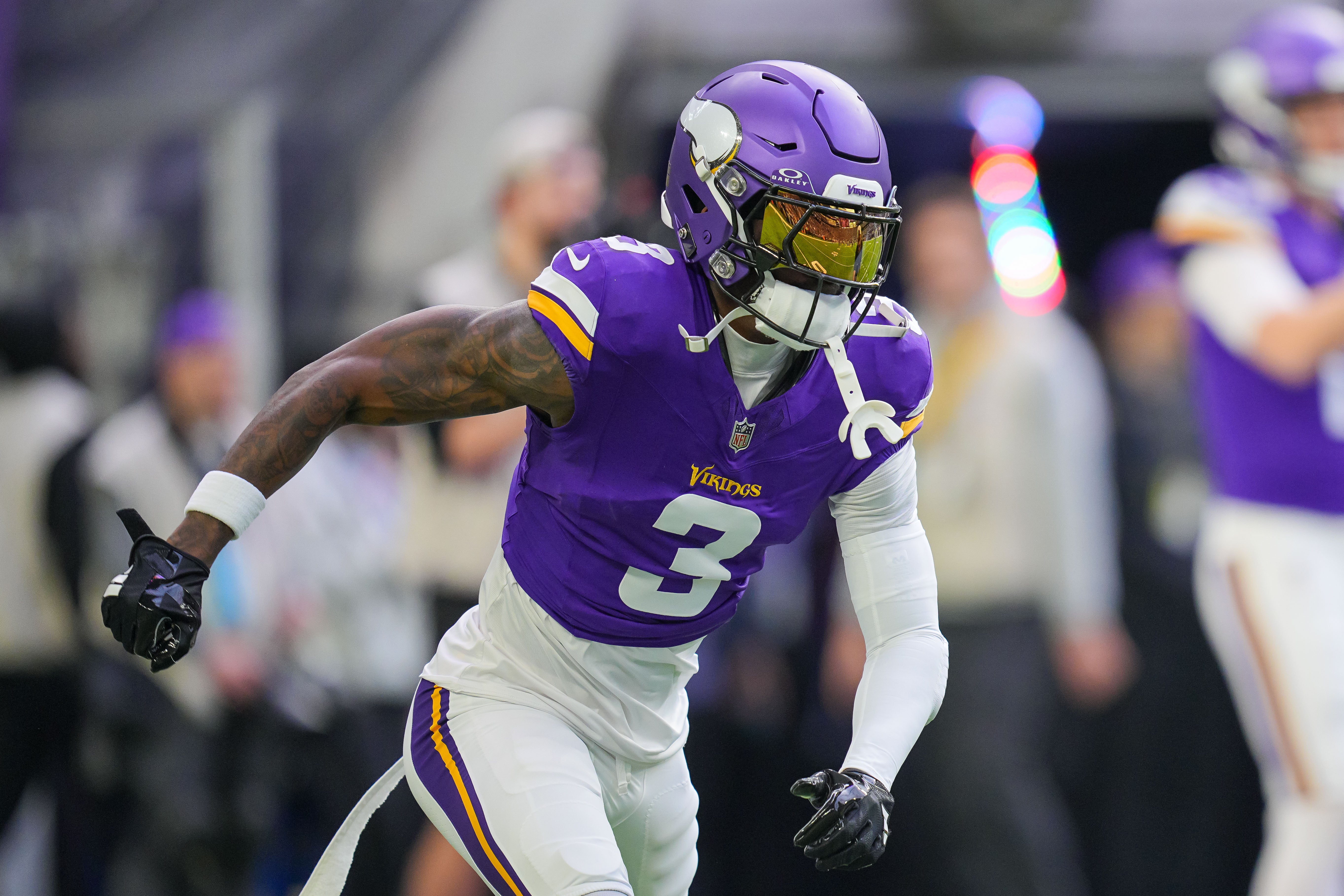Dec 1, 2024; Minneapolis, Minnesota, USA; Minnesota Vikings wide receiver Jordan Addison (3) warms up before the game against the Arizona Cardinals at U.S. Bank Stadium.