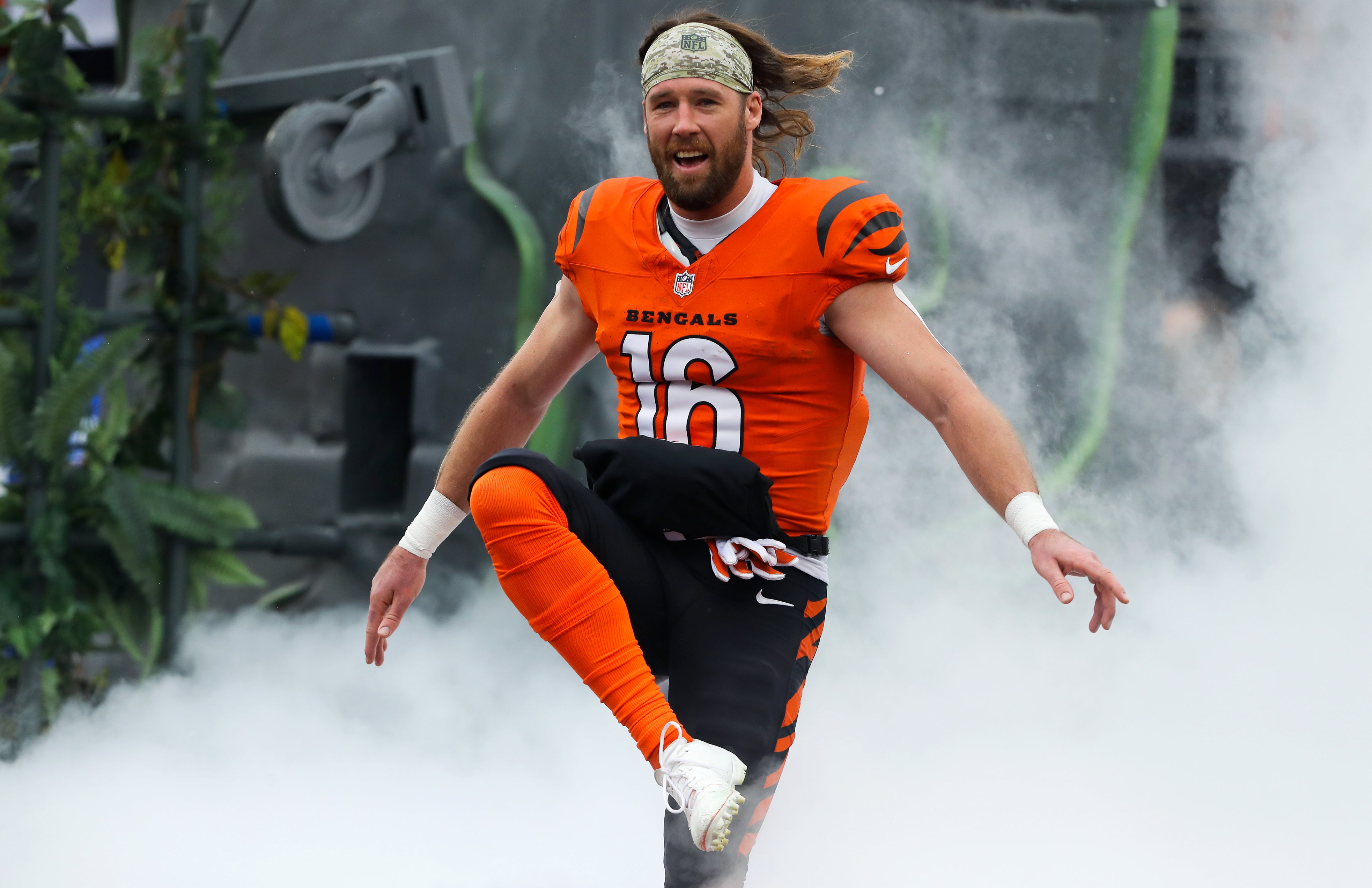 Nov 26, 2023; Cincinnati, Ohio, USA; Cincinnati Bengals wide receiver Trenton Irwin (16) celebrates during introductions before the first quarter against the Pittsburgh Steelers at Paycor Stadium.