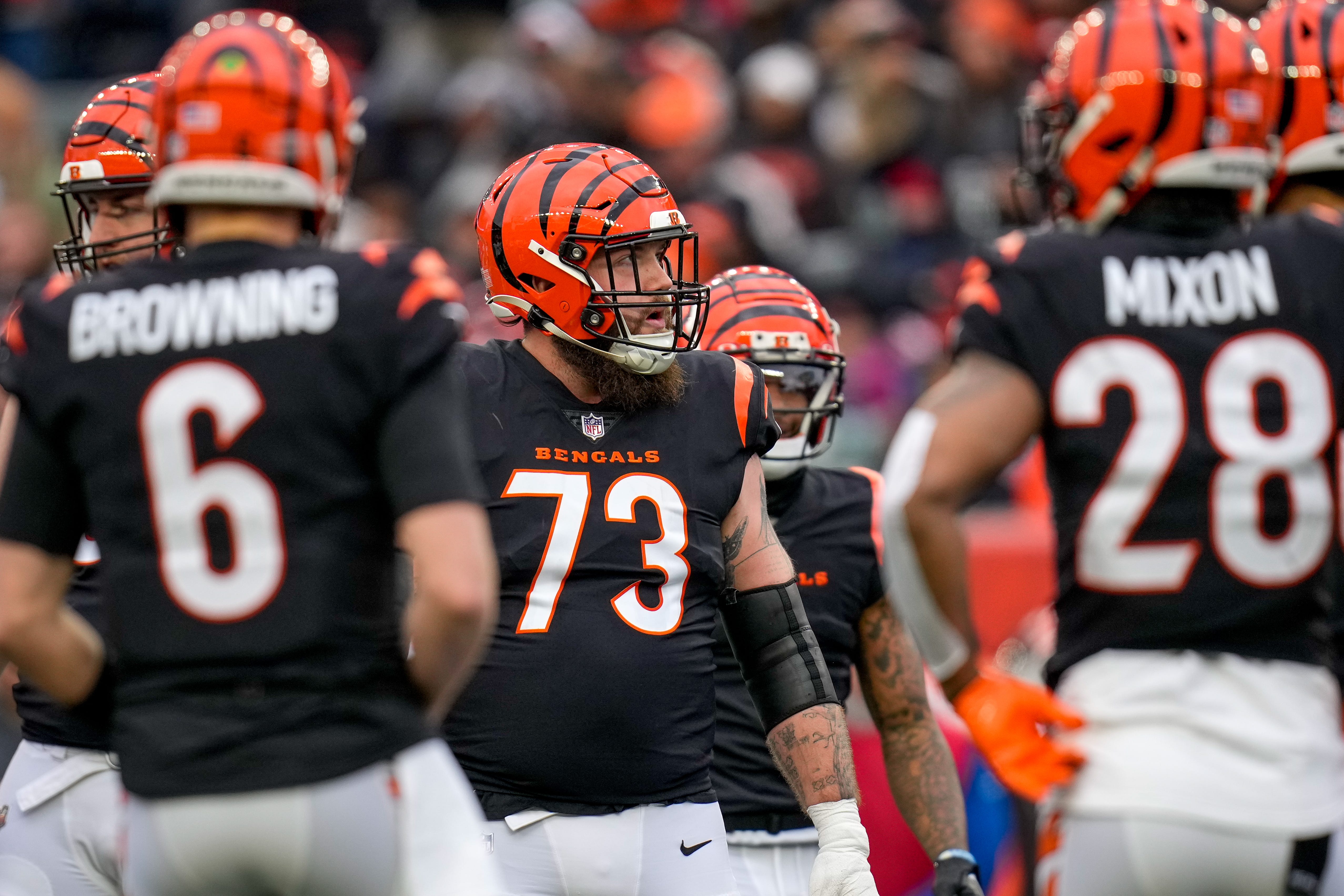 Cincinnati Bengals offensive tackle Jonah Williams (73) watches the video board in the second quarter of the NFL Week 18 game between the Cincinnati Bengals and the Cleveland Browns at Paycor Stadium in downtown Cincinnati on Sunday, Jan. 7, 2024.