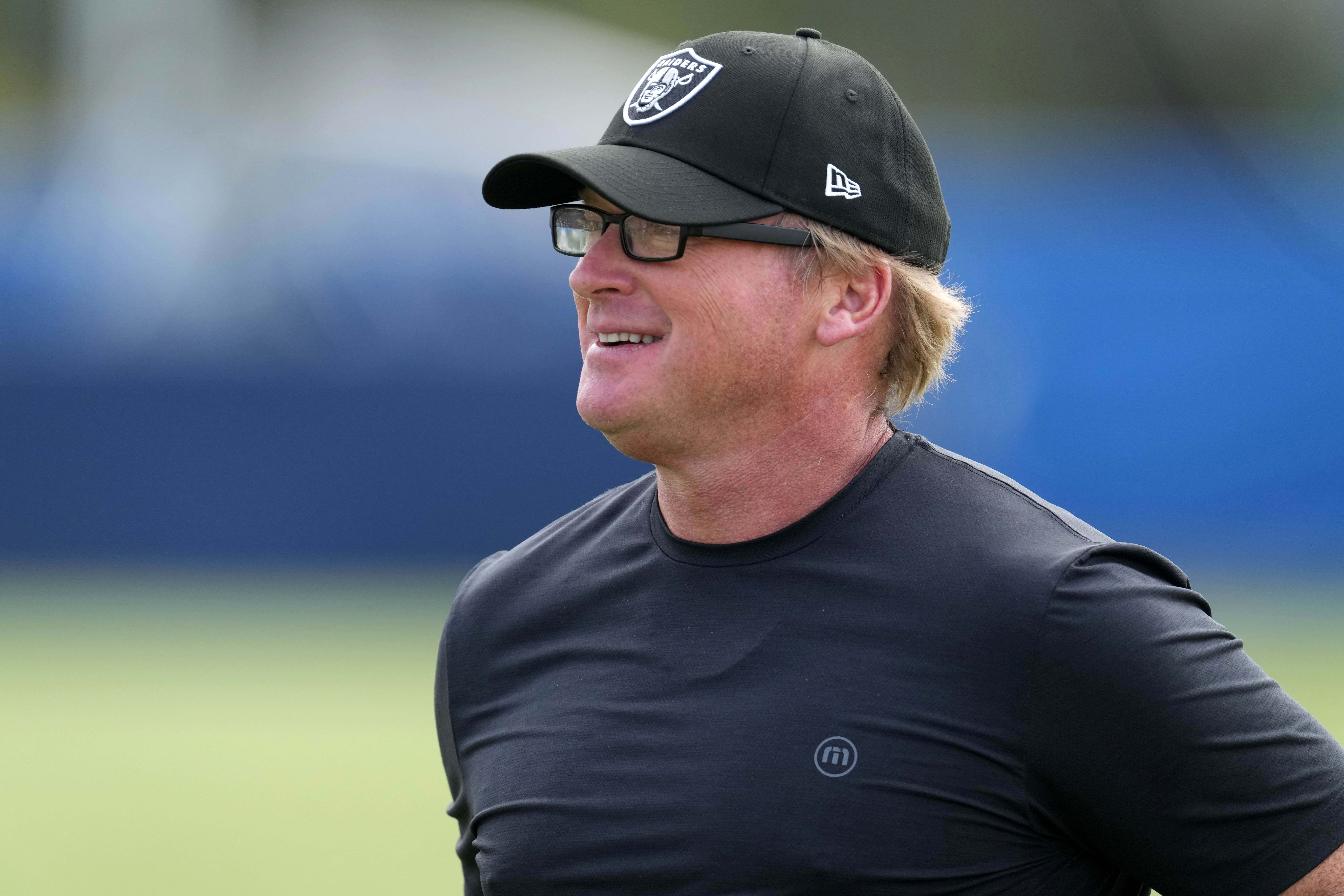 Aug 19, 2021; Thousand Oaks, CA, USA; Las Vegas Raiders coach Jon Gruden looks on during a joint practice against the Los Angeles Rams. Mandatory Credit: Kirby Lee-Imagn Images