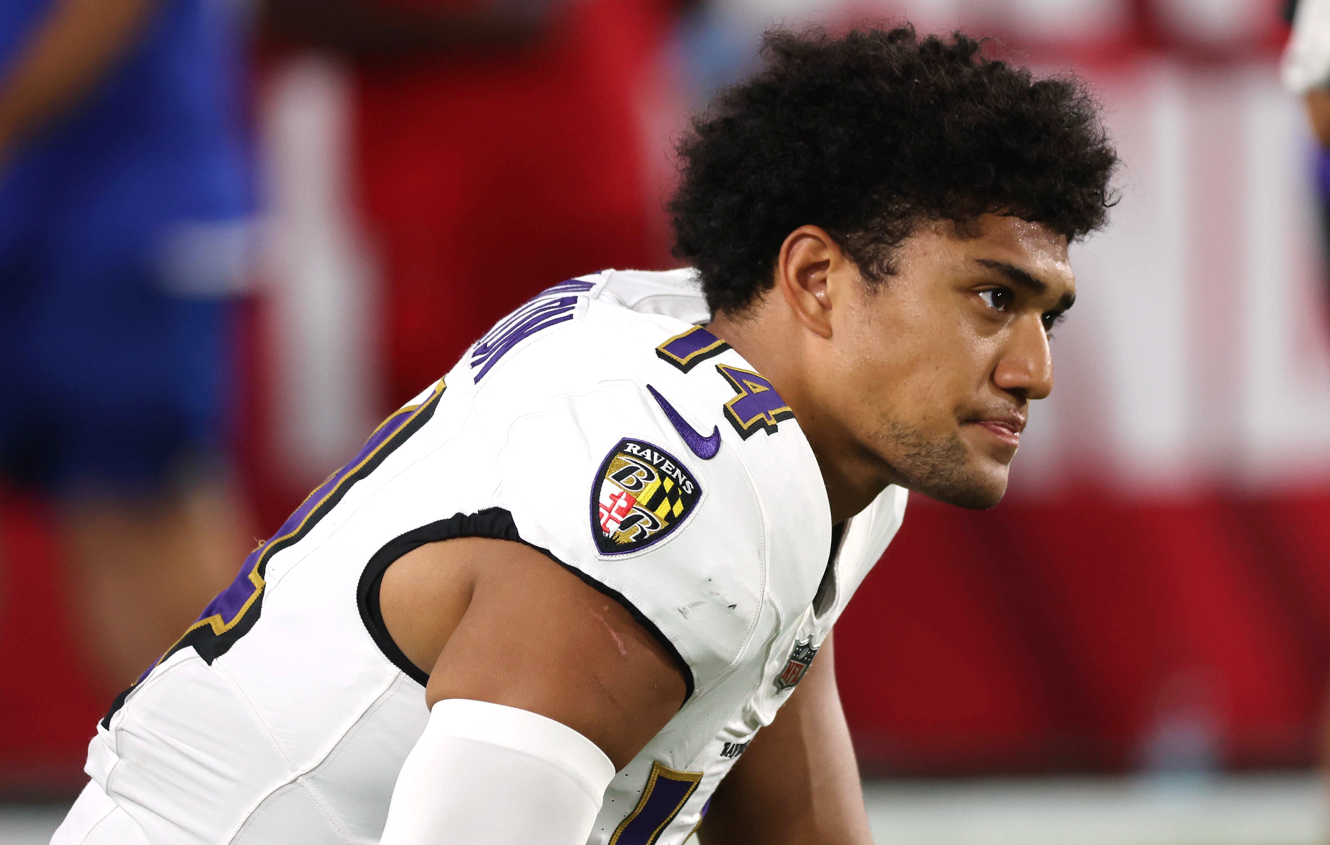 Oct 21, 2024; Tampa, Florida, USA; Baltimore Ravens safety Kyle Hamilton (14) prior to the game against the Tampa Bay Buccaneers at Raymond James Stadium.