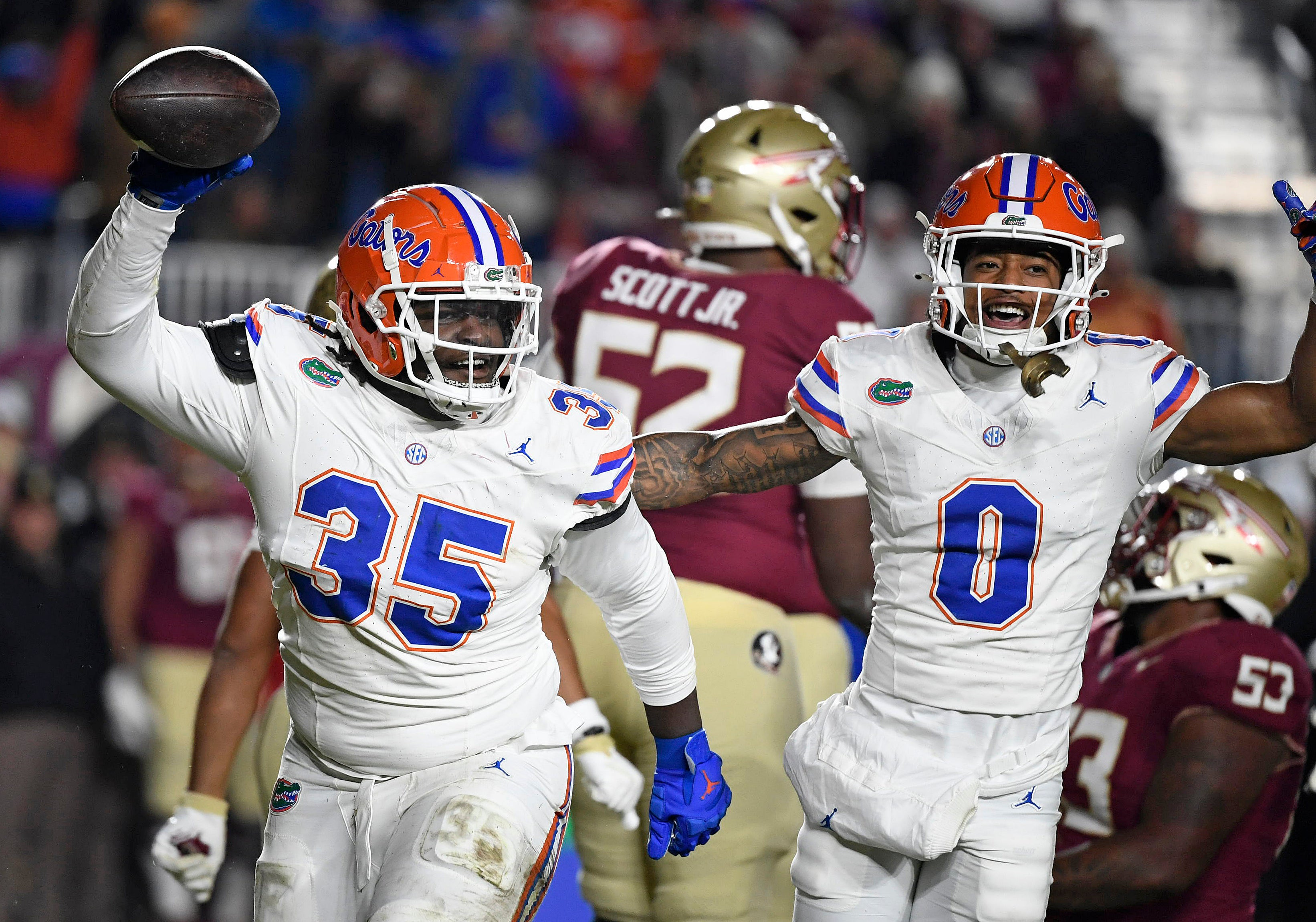 Nov 30, 2024; Tallahassee, Florida, USA; Florida Gators defensive lineman D'Antre Robinson (35) celebrates a fumble recovery during the first half against the Florida State Seminoles at Doak S. Campbell Stadium.