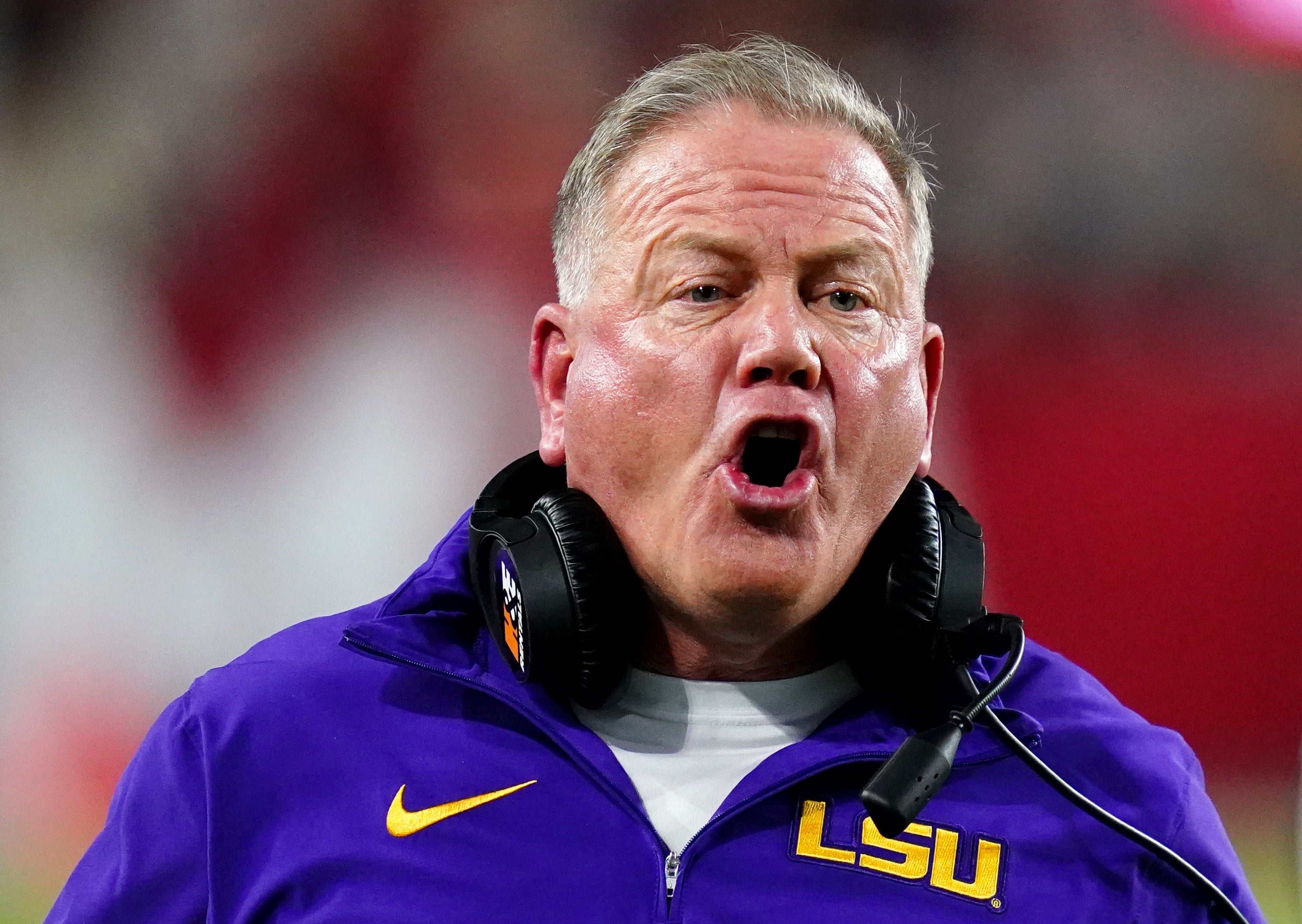 Nov 4, 2023; Tuscaloosa, Alabama, USA; LSU Tigers head coach Brian Kelly yells to a side judge during the second half against the Alabama Crimson Tide at Bryant-Denny Stadium. Alabama Crimson Tide defeated the LSU Tigers 42-28.