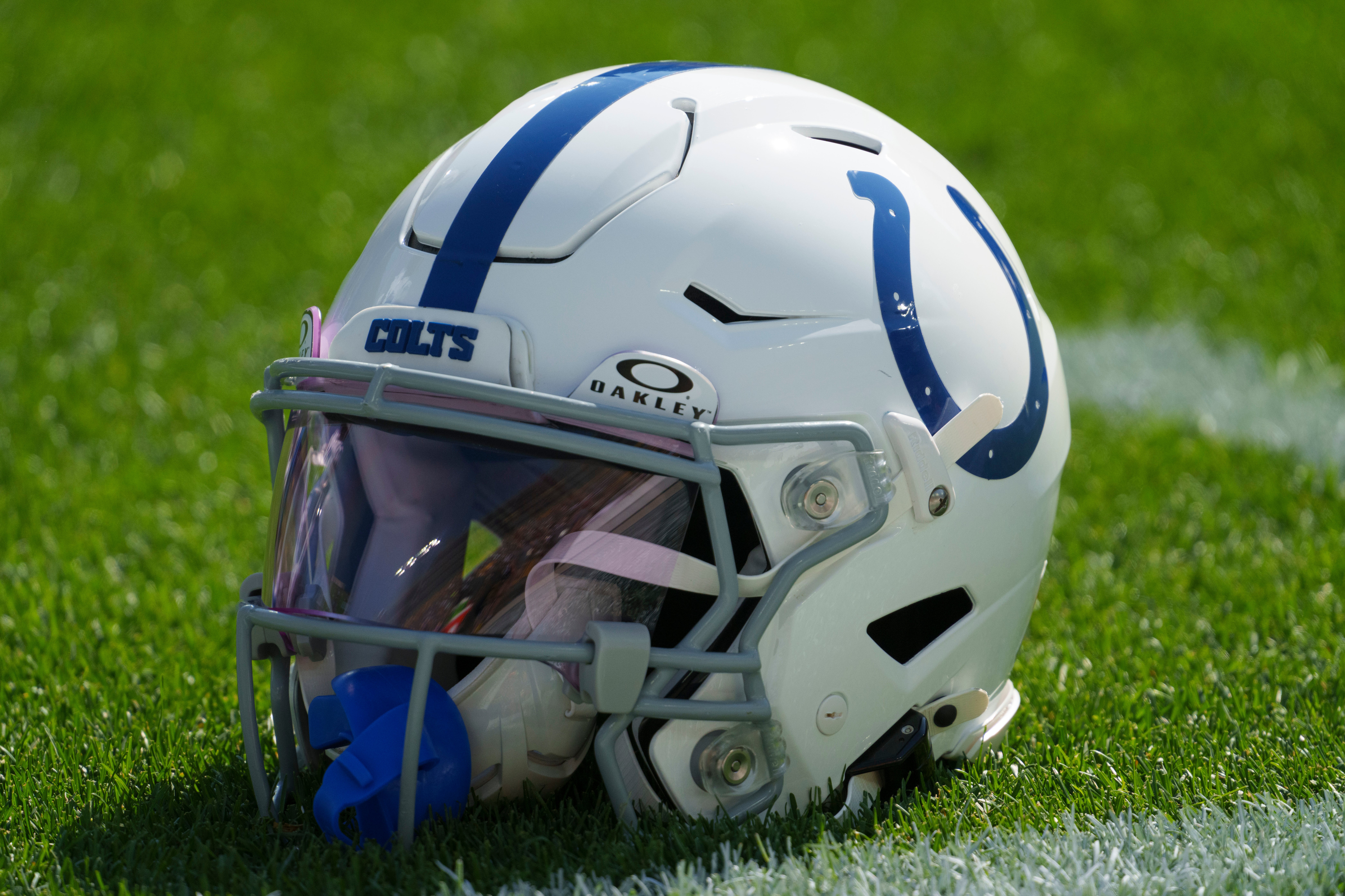 Sep 15, 2024; Green Bay, Wisconsin, USA; General view of an Indianapolis Colts helmet during warmups prior to the game against the Green Bay Packers at Lambeau Field.