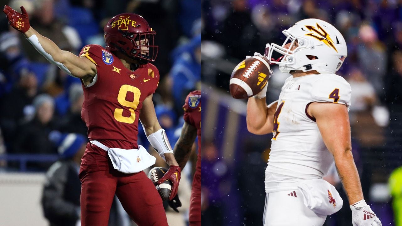 Left, Iowa State WR Jayden Higgins with WR Jaylin Noel behind him. Right, Arizona State RB Cameron Skattebo.