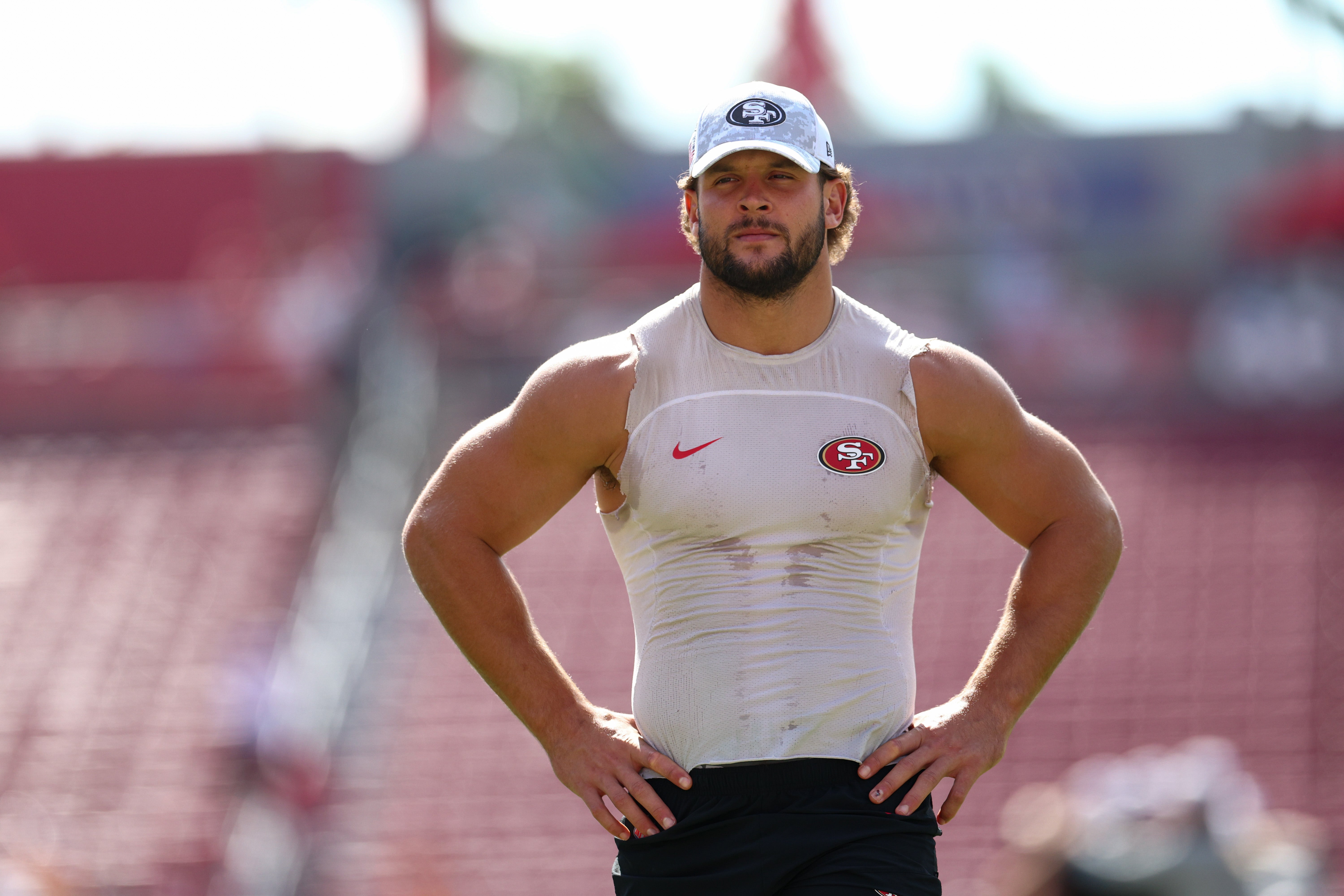 San Francisco 49ers defensive end Nick Bosa (97) warms up before a game against the Tampa Bay Buccaneers at Raymond James Stadium.