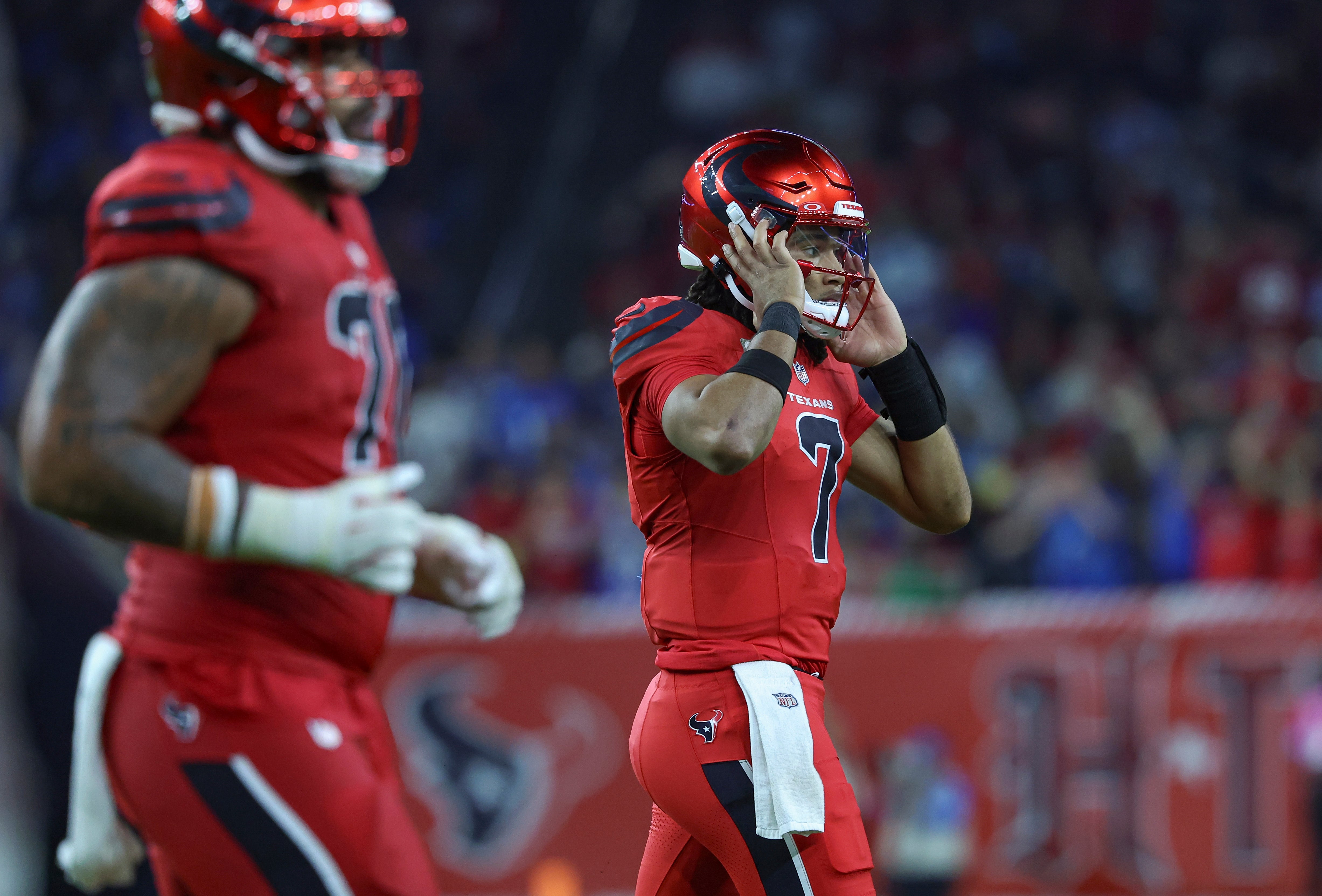 Nov 10, 2024; Houston, Texas, USA; Houston Texans quarterback C.J. Stroud (7) walks off the field after throwing an interception during the third quarter against the Detroit Lions at NRG Stadium.
