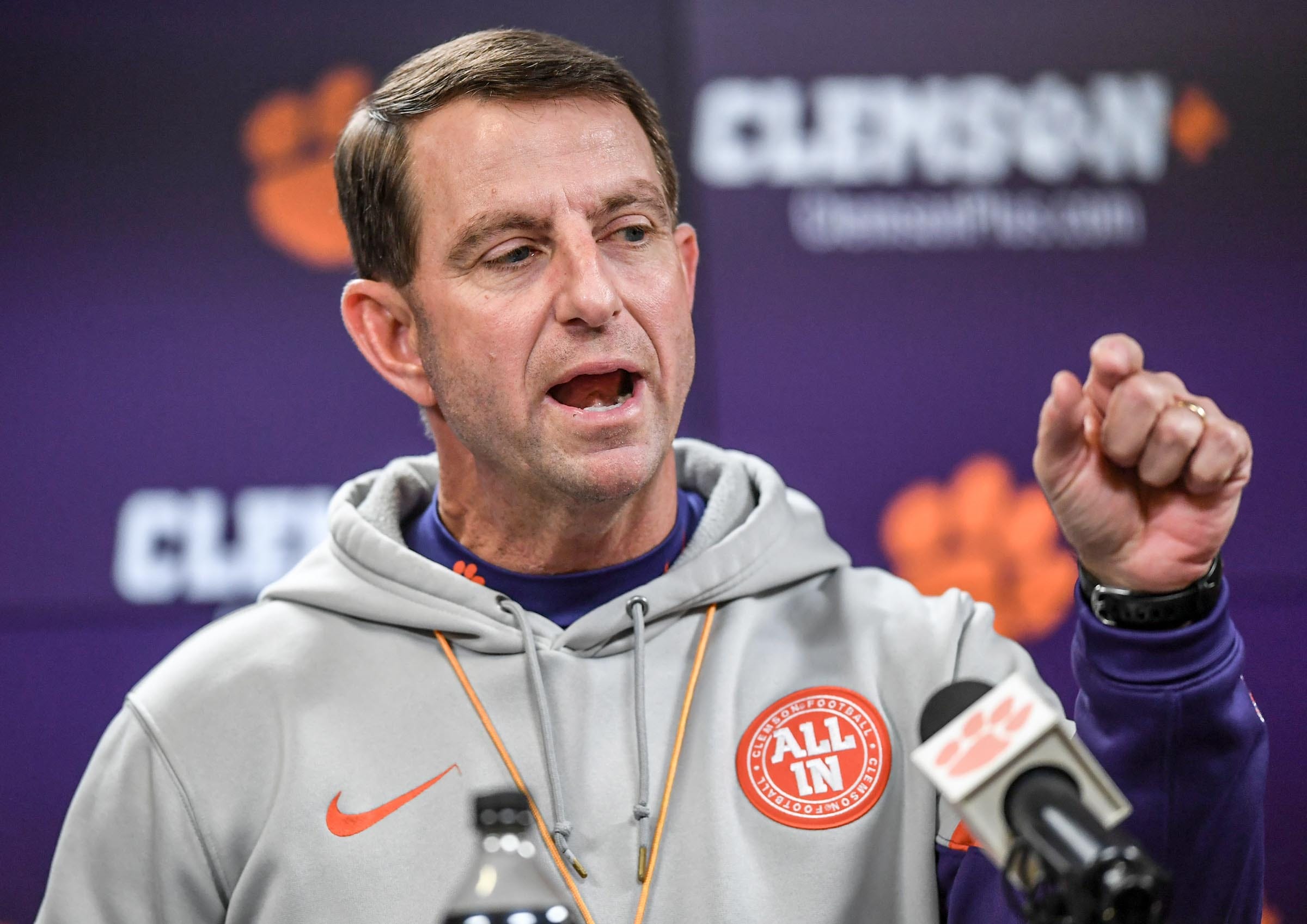 Clemson football Coach Dabo Swinney talks about the early period National Signing Day players coming to Clemson, at the Smart Family Media Center Wednesday, December 4, 2024 in Clemson, South Carolina.