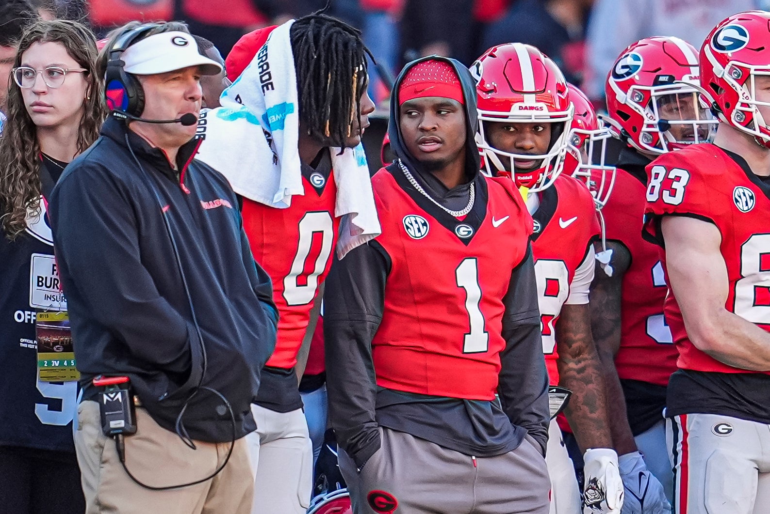 Georgia Bulldogs running back Trevor Etienne (1) shown on the sideline against the Massachusetts Minutemen during the second half at Sanford Stadium.