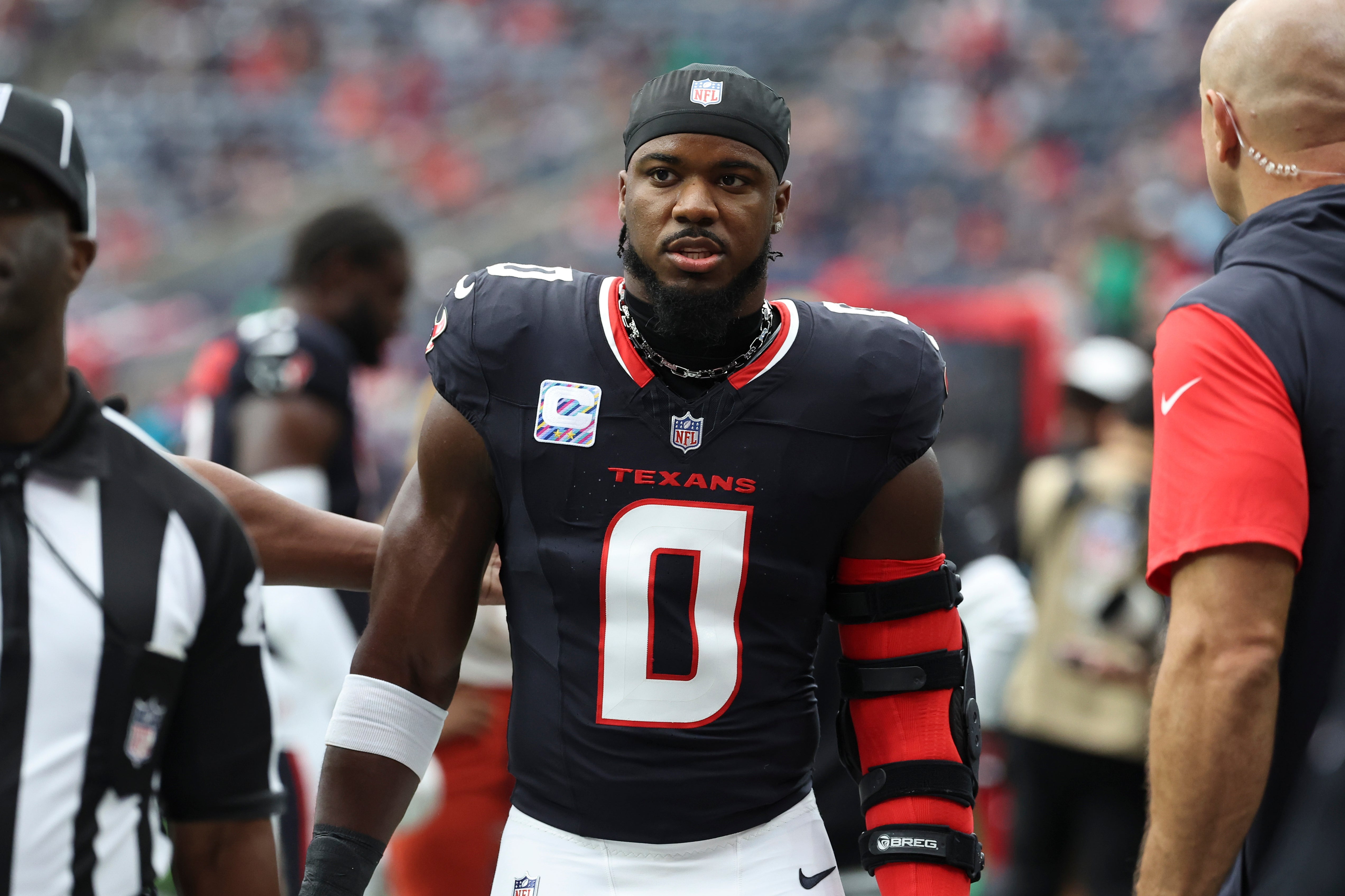 Sep 29, 2024; Houston, Texas, USA; Houston Texans linebacker Azeez Al-Shaair (0) during the game against the Jacksonville Jaguars at NRG Stadium.