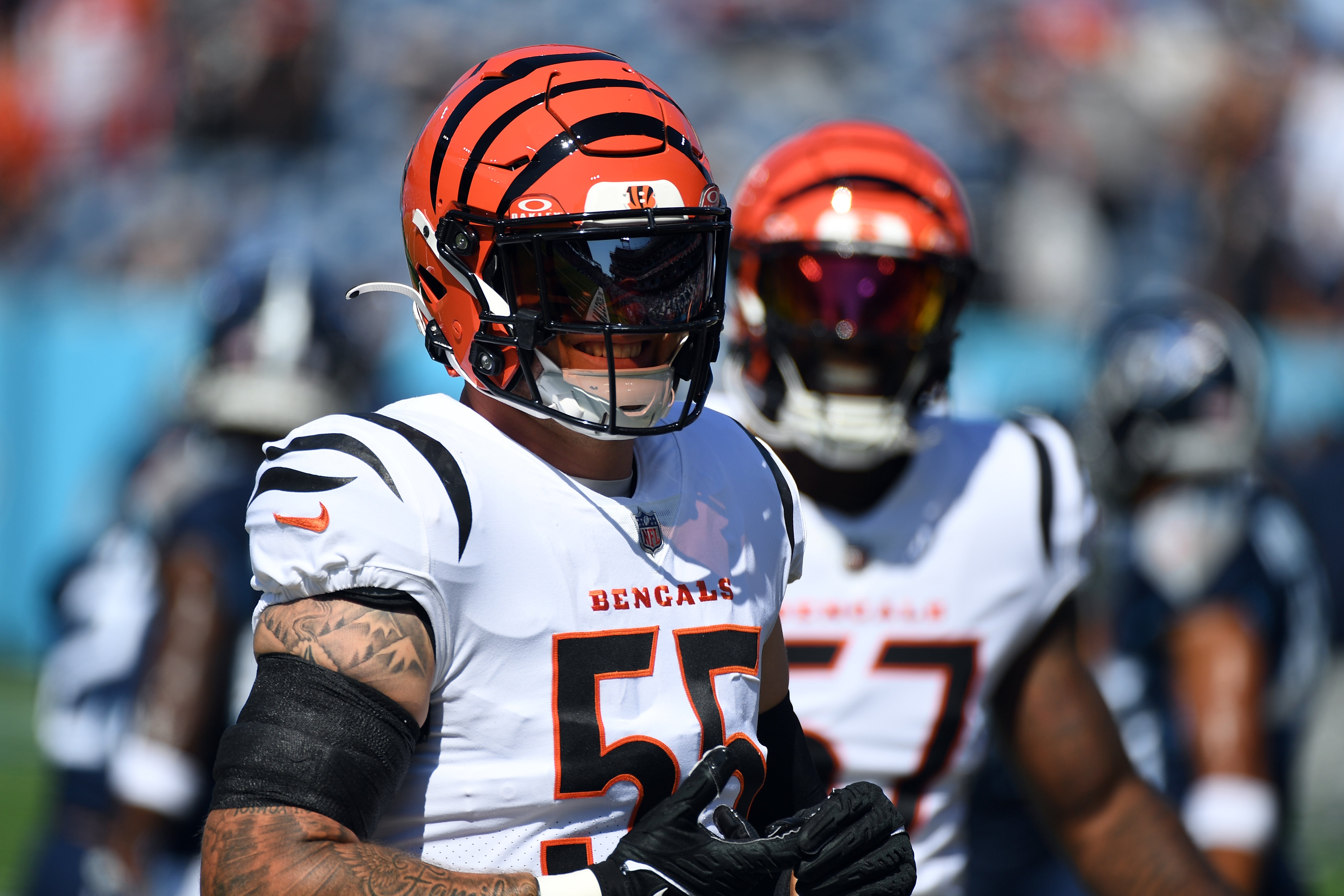 Oct 1, 2023; Nashville, Tennessee, USA; Cincinnati Bengals linebacker Logan Wilson (55) and linebacker Germaine Pratt (57) warm up before the game against the Tennessee Titans at Nissan Stadium.