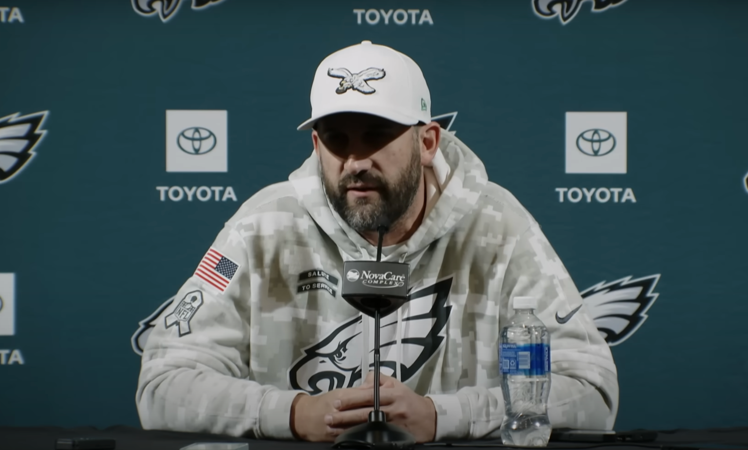 Philadelphia Eagles head coach Nick Sirianni speaks to reports ahead of Week 14 vs Panthers