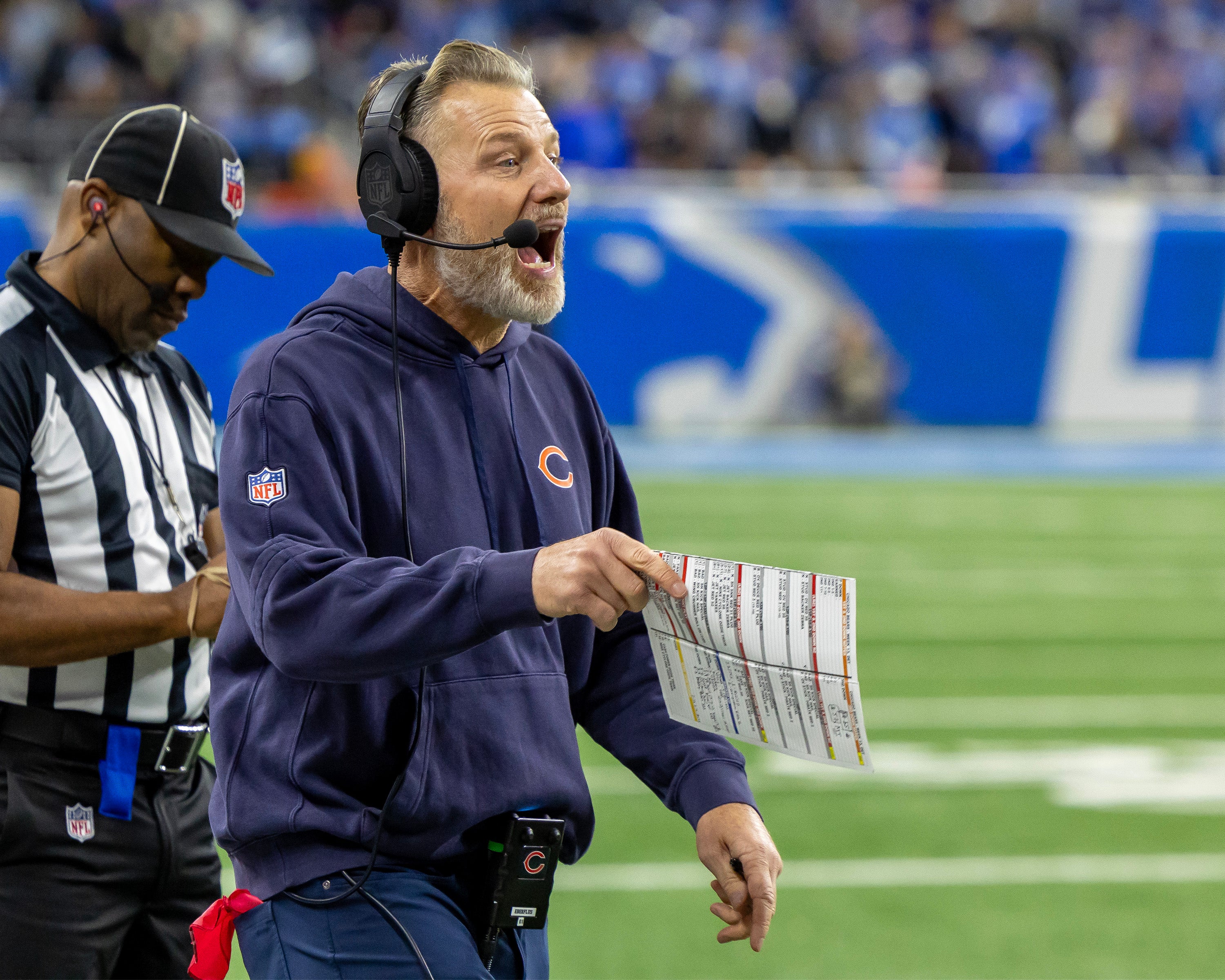 Nov 28, 2024; Detroit, Michigan, USA; Chicago Bears head coach Matt Eberflus on the sidelines during the second half against the Detroit Lions at Ford Field.