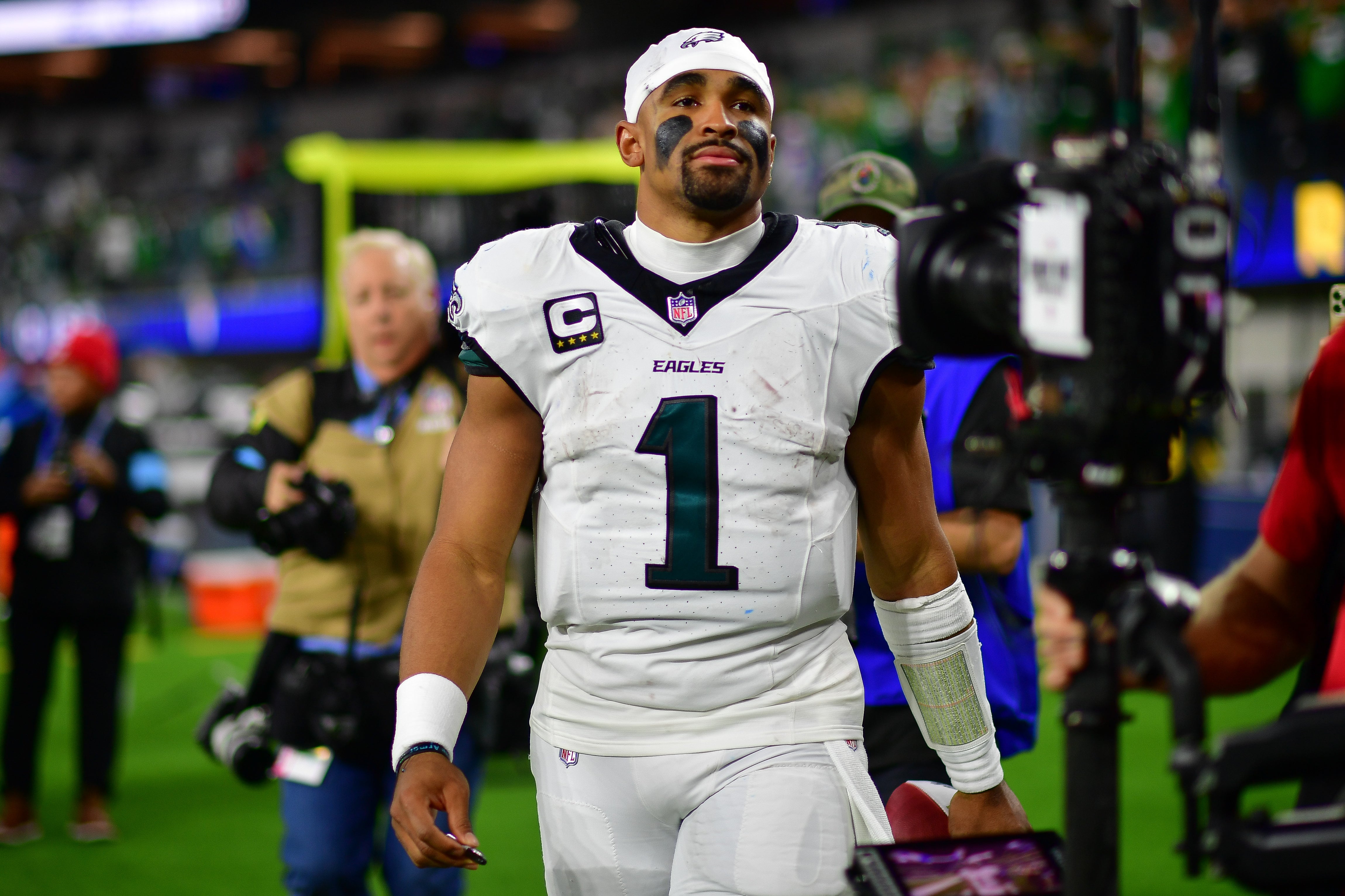 Nov 24, 2024; Inglewood, California, USA; Philadelphia Eagles quarterback Jalen Hurts (1) following the victory against the Los Angeles Rams at SoFi Stadium.
