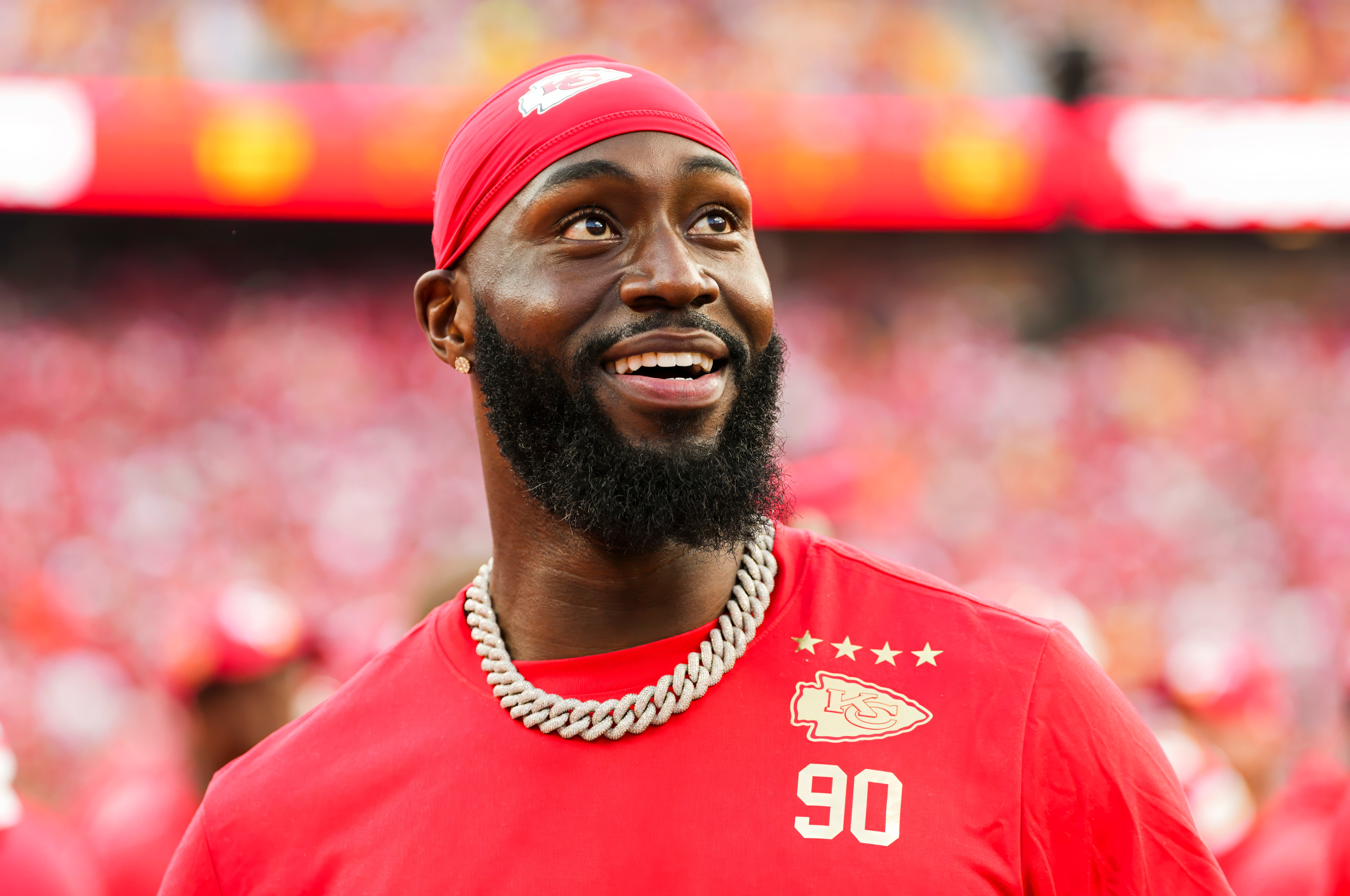 Sep 15, 2024; Kansas City, Missouri, USA; Kansas City Chiefs defensive end Charles Omenihu (90) reacts during the second half against the Cincinnati Bengals at GEHA Field at Arrowhead Stadium.