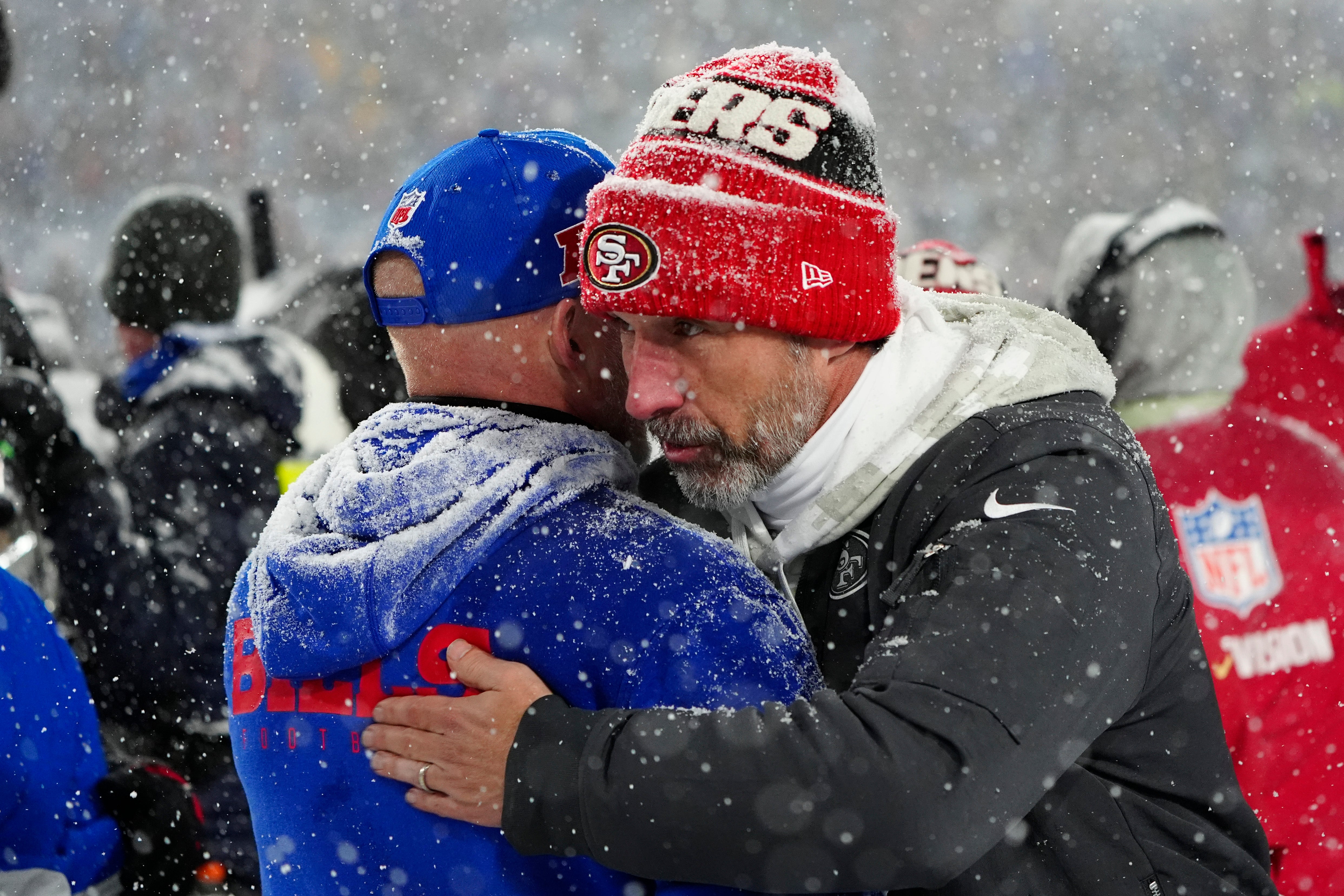 San Francisco 49ers head coach Kyle Shanahan congratulates Buffalo Bills head coach Sean McDermott after the game at Highmark Stadium.