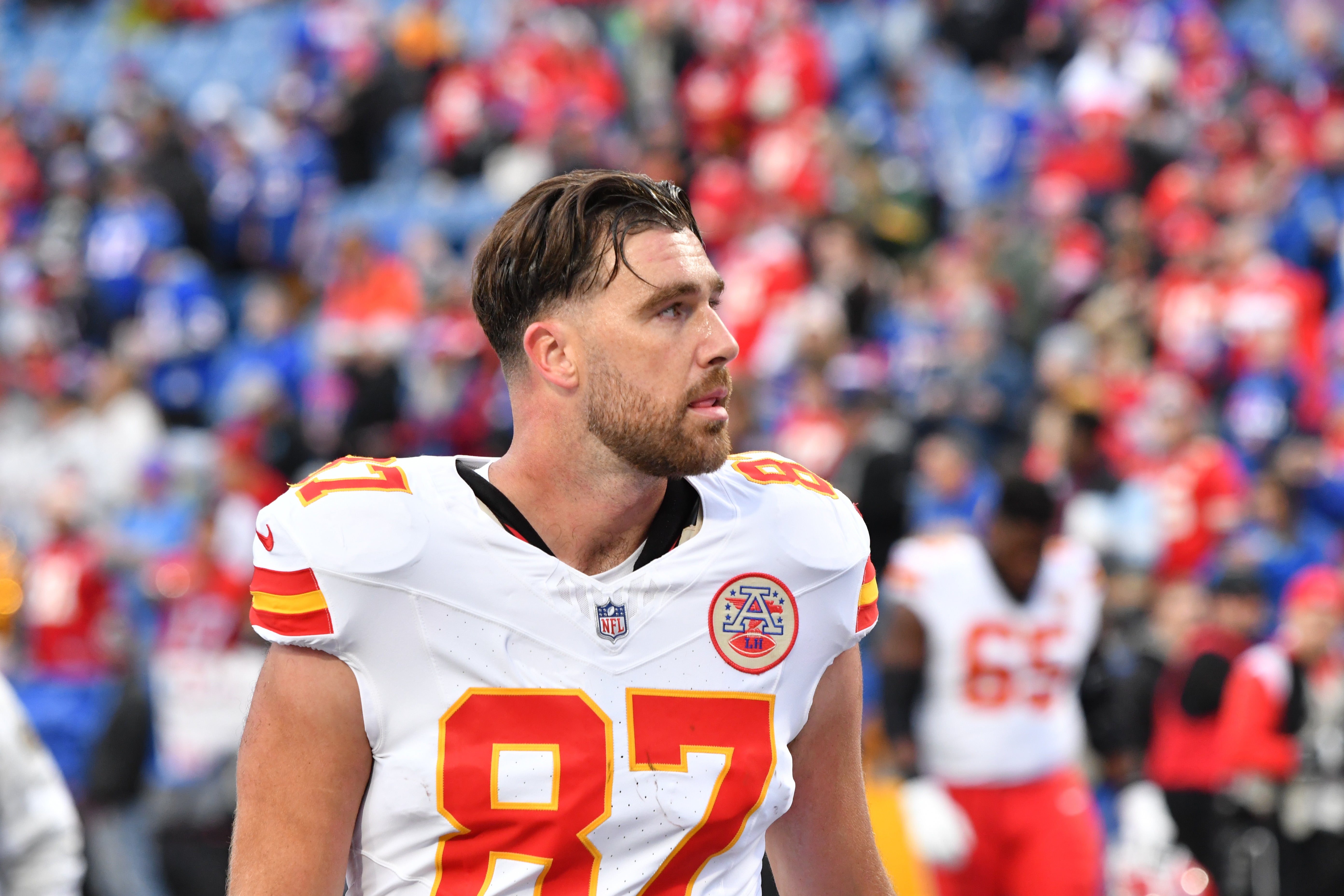 Nov 17, 2024; Orchard Park, New York, USA; Kansas City Chiefs tight end Travis Kelce (87) leaves the field after warm ups before a game against the Buffalo Bills at Highmark Stadium.