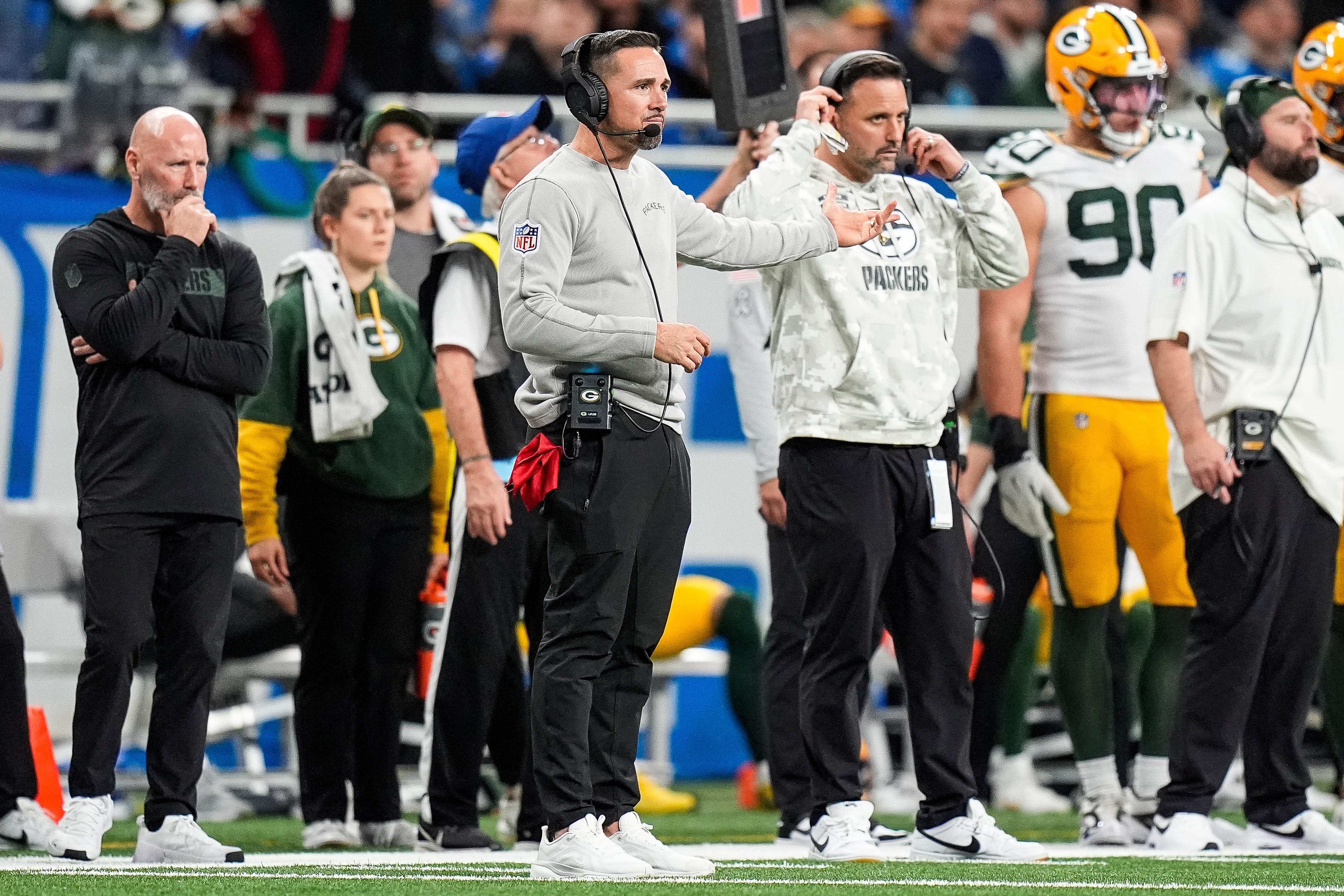 Green Bay Packers head coach Matt LaFleur reacts to a play against Detroit Lions during the second half at Ford Field in Detroit on Thursday, Dec. 5, 2024.