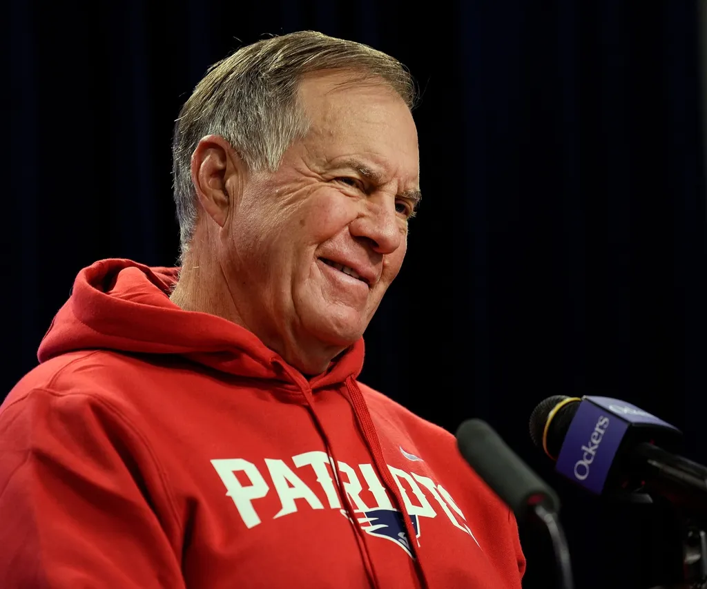 2022: Patriot head coach Bill Belichick smiles during questions at a press conference before a New England Patriots practice at Gillette Stadium in preparation for their home opener vs the Baltimore Ravens